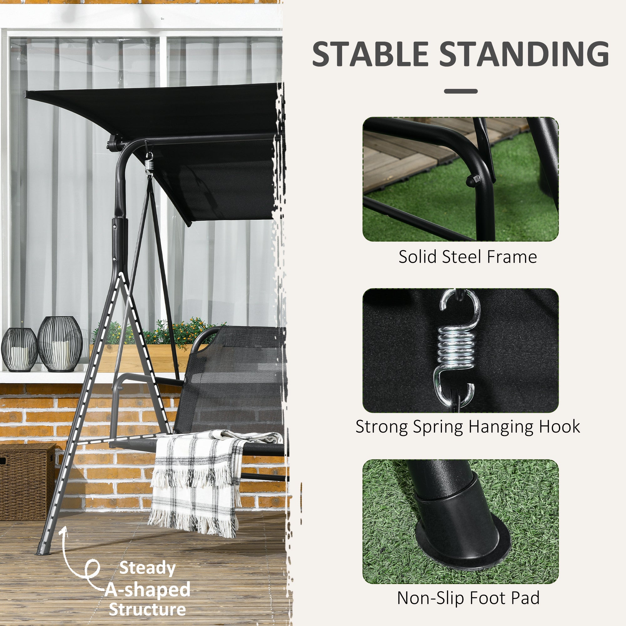 3-Seat Outdoor Patio Swing Chair w/ Cushion, Steel Frame Stand, Adjustable Tilt Canopy for Patio, Garden, Black 1