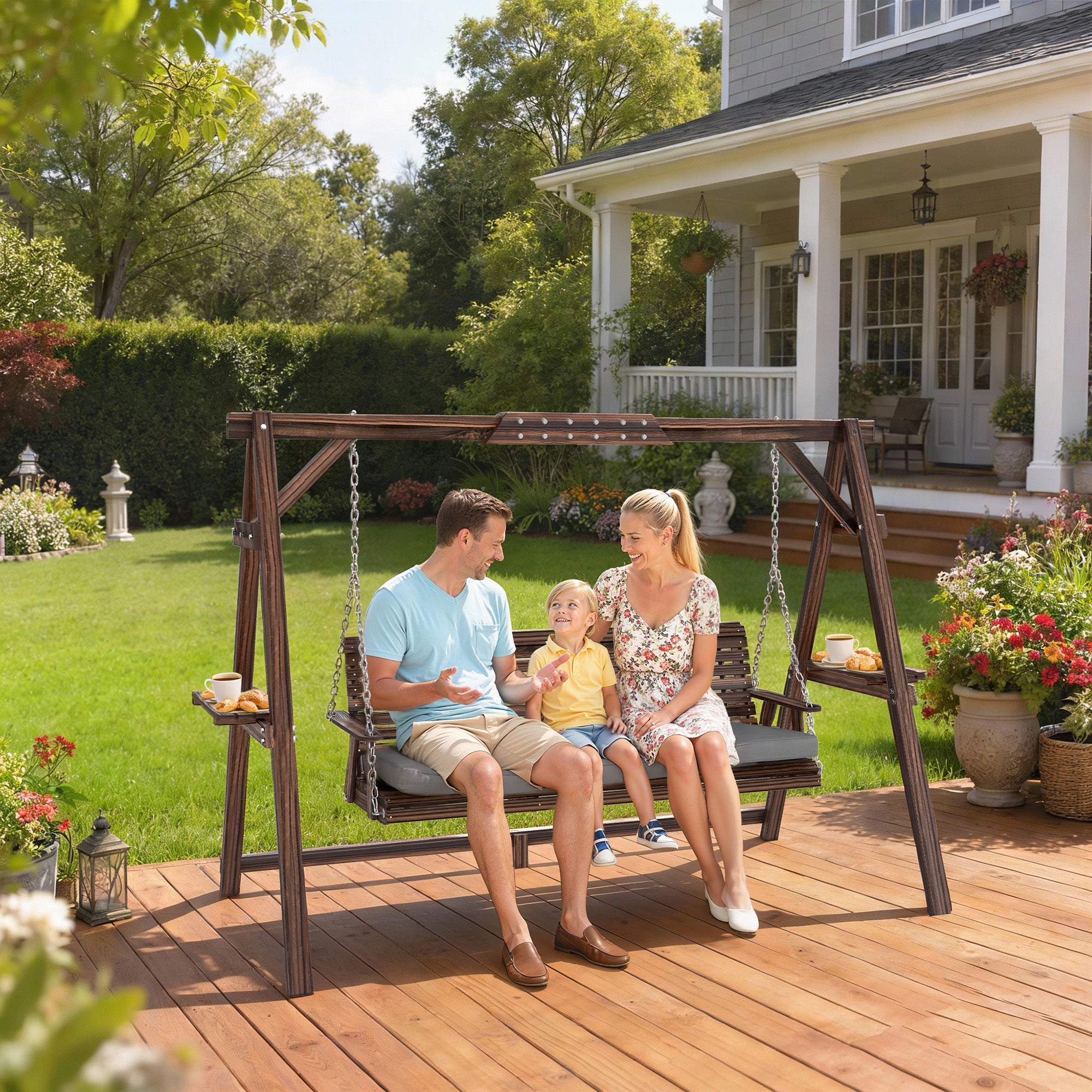 3 Seat Wooden Porch Swing with Stand, Patio Swing with Cushion, for Garden, Poolside, Backyard, Carbonized Brown
