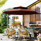 11ft Cantilever Patio Umbrella with Base, Double Top Hanging Aluminum Offset Umbrella with 360° Rotation, Easy Tilt, 8 Ribs, Crank, Cross Base for Backyard, Brown
