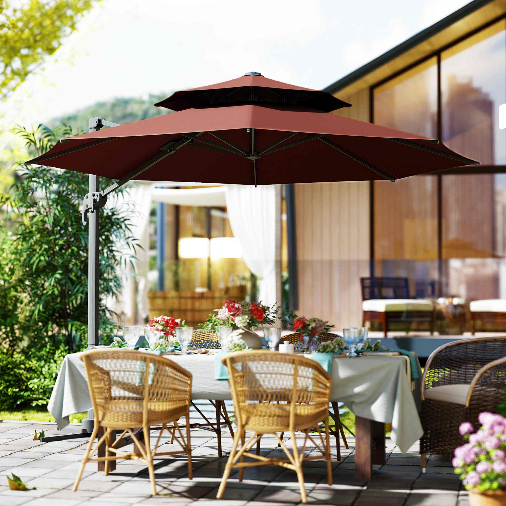 11ft Cantilever Patio Umbrella with Base, Double Top Hanging Aluminum Offset Umbrella with 360° Rotation, Easy Tilt, 8 Ribs, Crank, Cross Base for Backyard, Brown