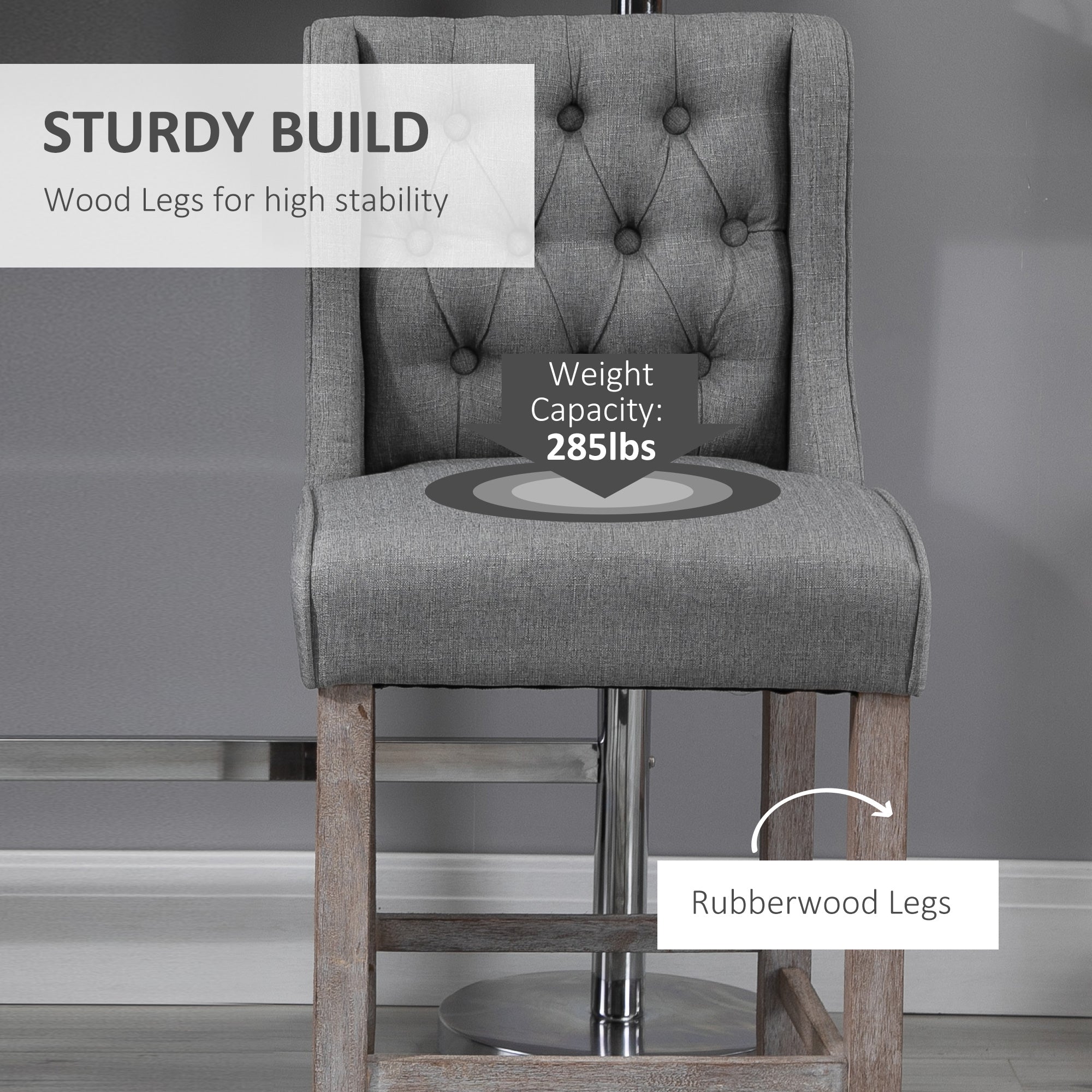 26.25" Counter Height Bar Stools, Tufted Wingback Armless Upholstered Dining Chair with Rubber Wood Legs, Set of 2, Gray