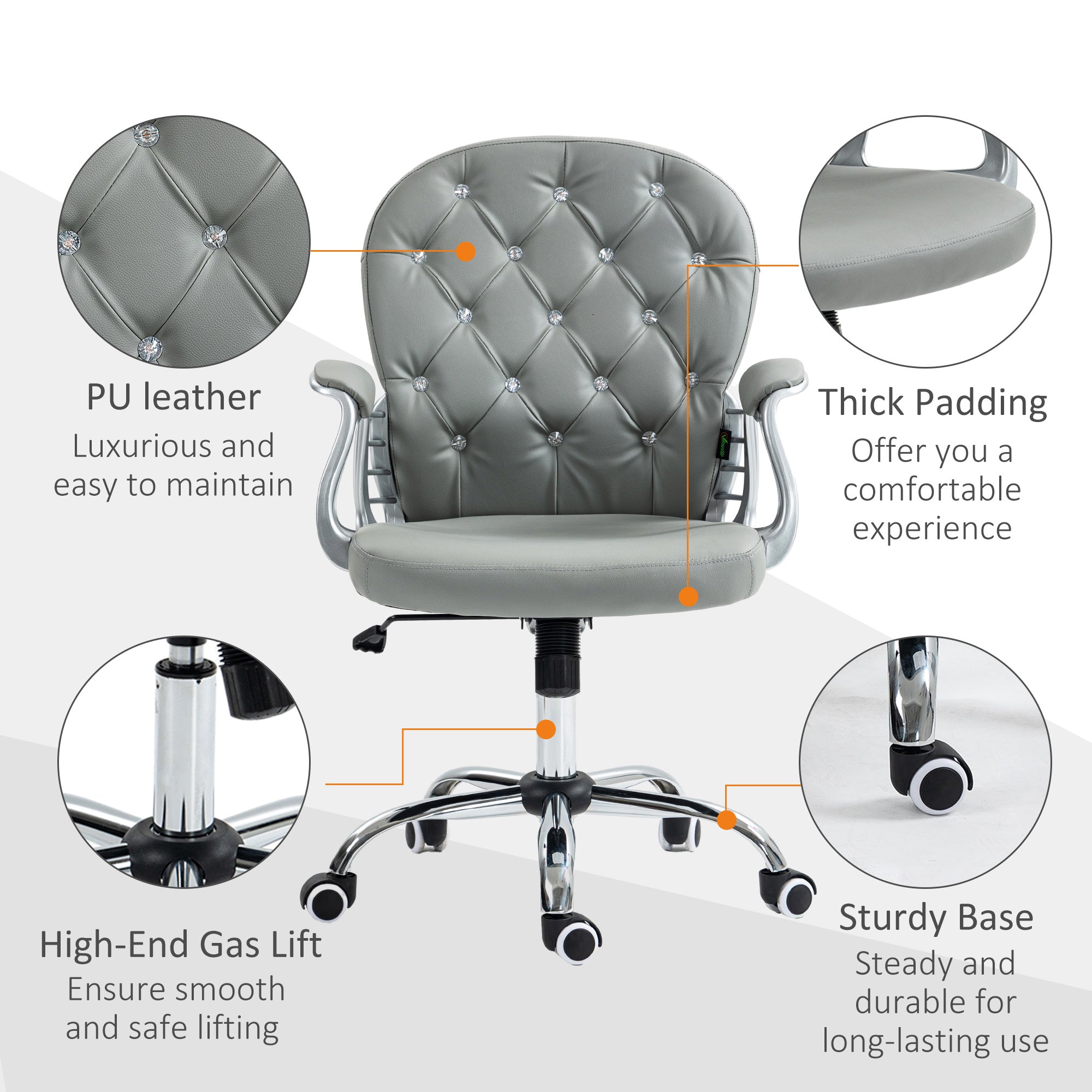 Button Tufted Desk Chair, Home Office Chair with Padded Armrests, Adjustable Height and Swivel Wheels, Gray