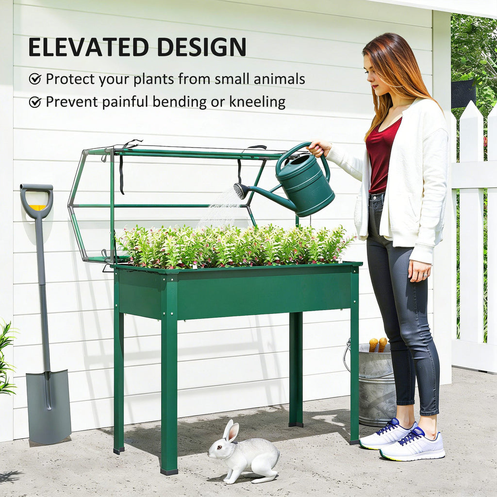 Elevated Garden Box with Greenhouse Cover, Raised Garden Bed with Legs and Drainage Hole for Vegetables, Green