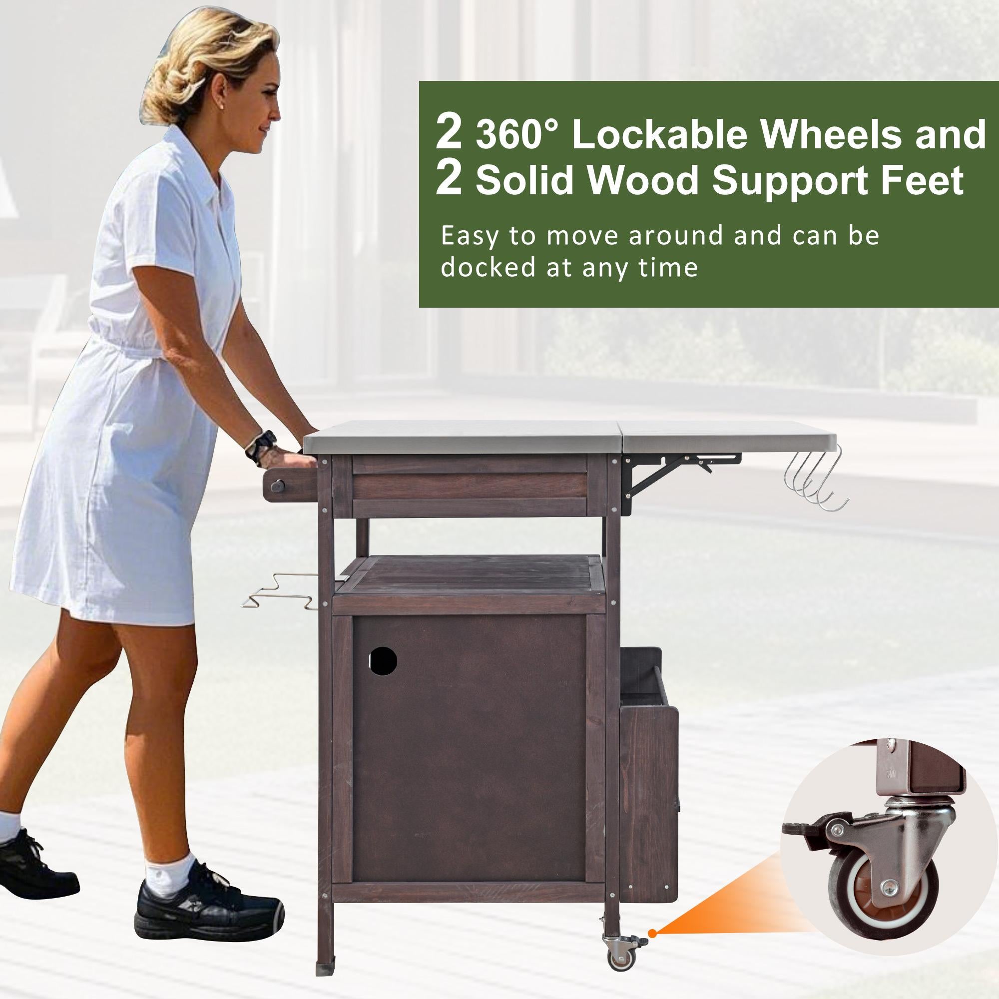 Outdoor Grill Cart with Stainless Steel Top, Storage Cabinet, Drop Leaf, Drawer, Towel Rack, Lockable Wheels, 40.5" L x 21" W x 36.3" H, Brown