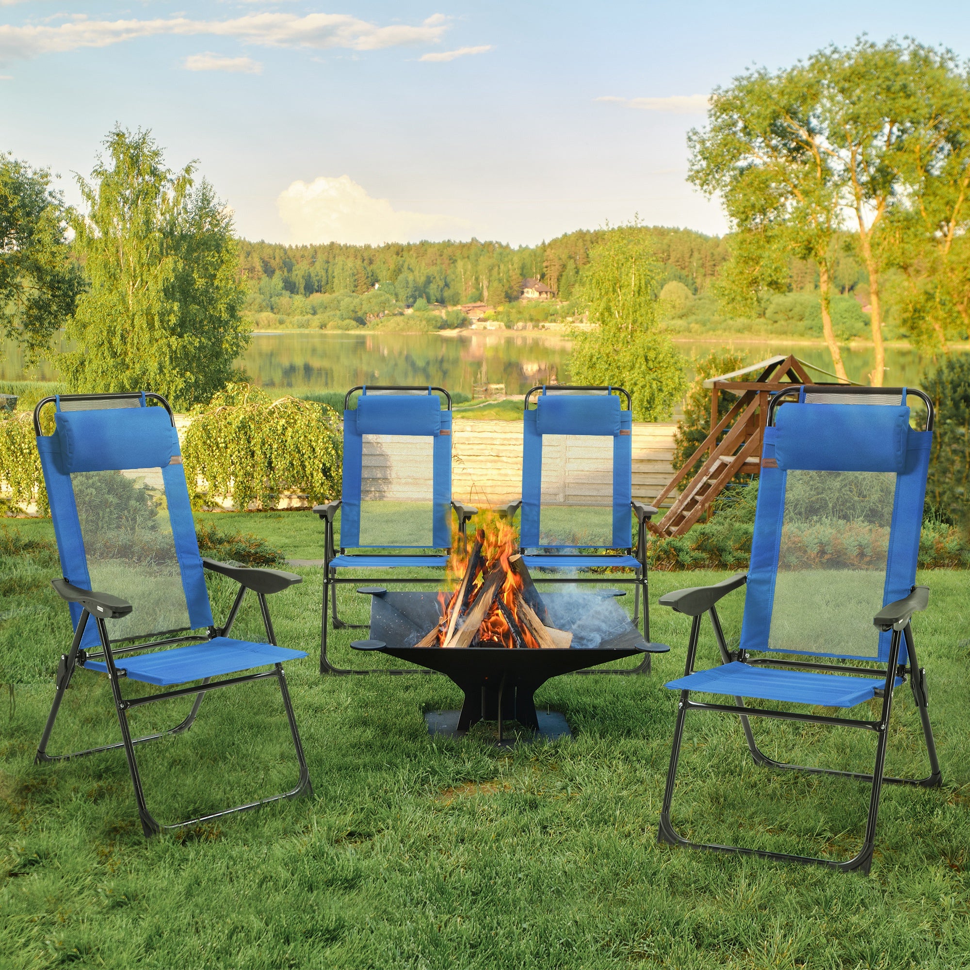 Set of 4 Folding Patio Chairs, Camping Chairs with Adjustable Sling Back, Removable Headrest, Armrest for Garden, Backyard, Lawn, Blue