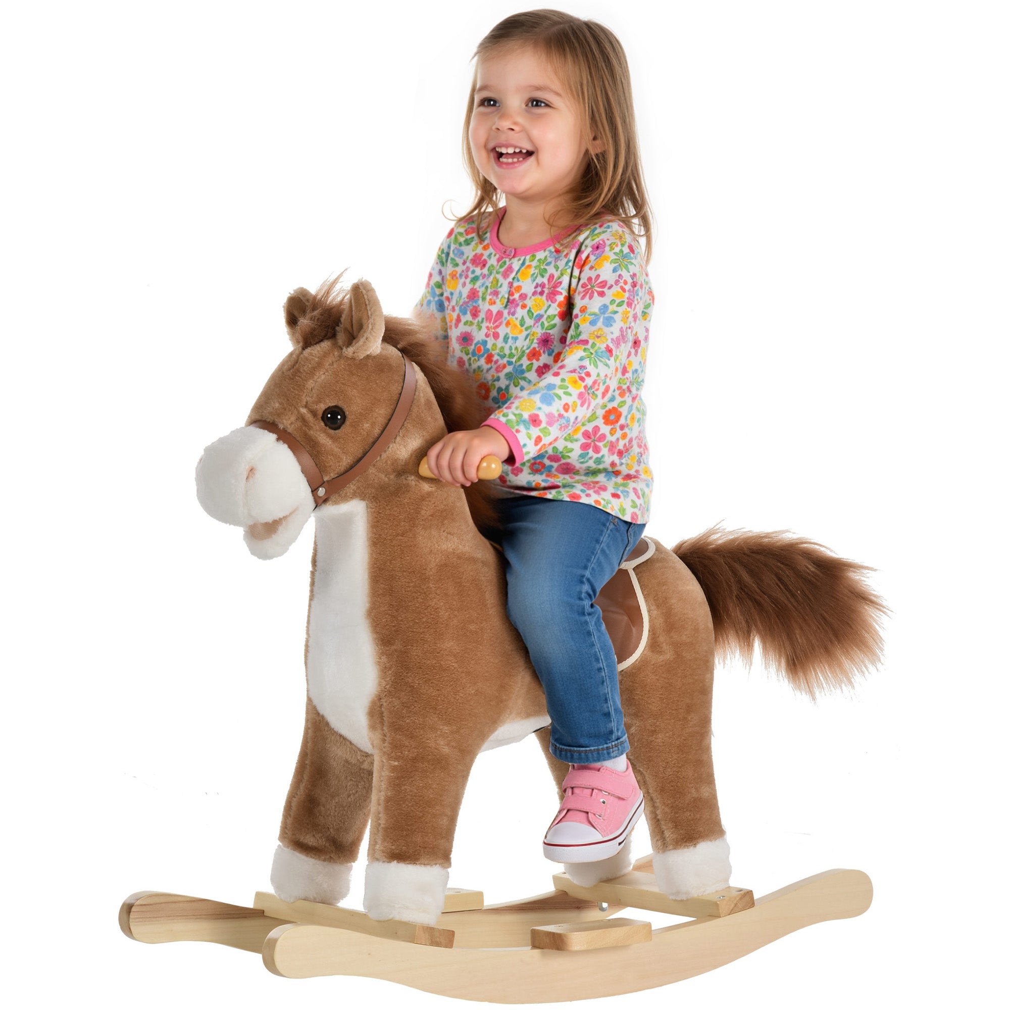 Rocking Horse Plush Animal on Wooden Rockers, Baby Rocking Chair with Sounds, Moving Mouth, Wagging Tail, Brown