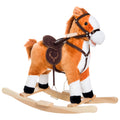 Kids Plush Toy Rocking Horse, Wooden Ride-on Chair, Plush Animal Rocker with Realistic Sounds and Moving Tail for Toddlers, Brown