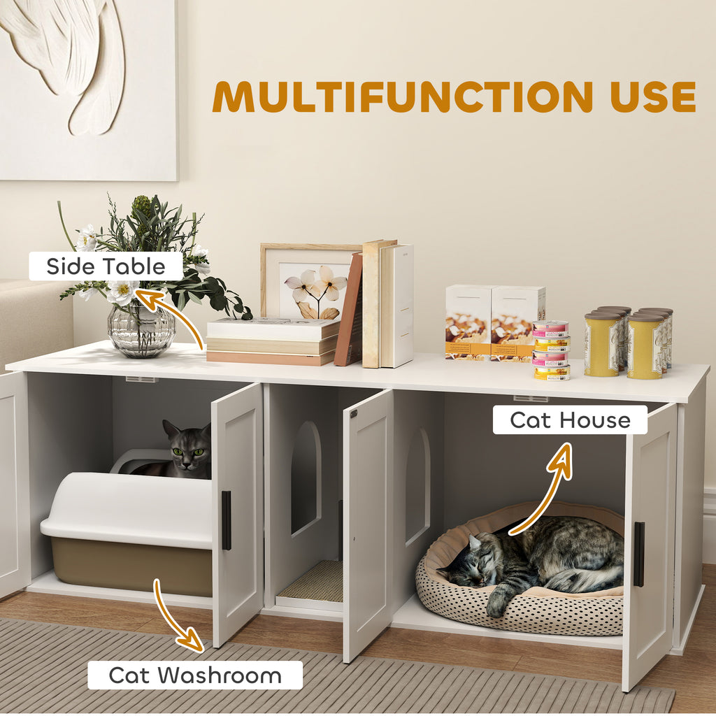 Cat Litter Box Enclosure with Double Room, Scratching Mat for 2 Cats, 57" x 19" x 20", White