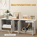 Cat Litter Box Enclosure with Double Room, Scratching Mat for 2 Cats, 57" x 19" x 20", White