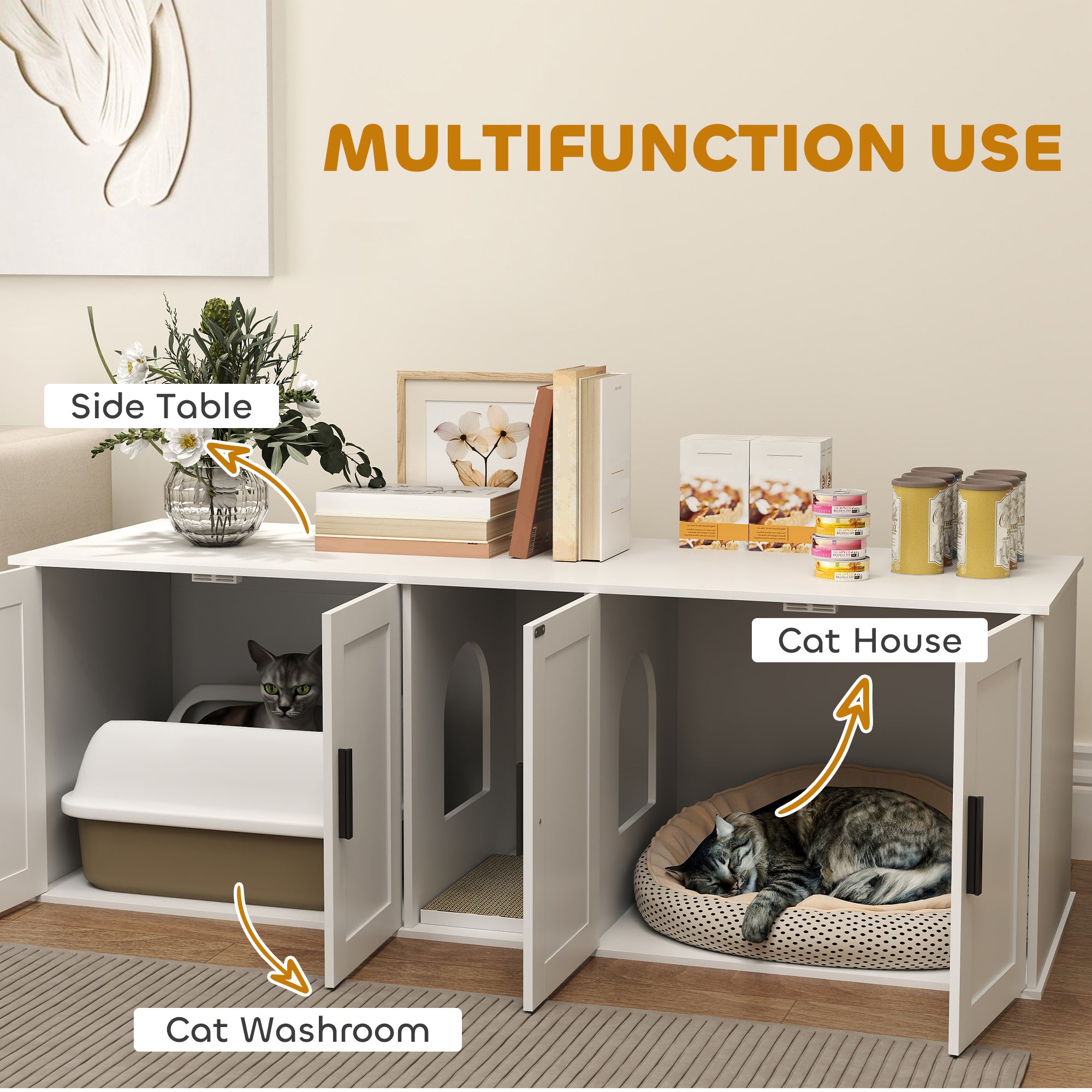 Cat Litter Box Enclosure with Double Room, Scratching Mat for 2 Cats, 57" x 19" x 20", White