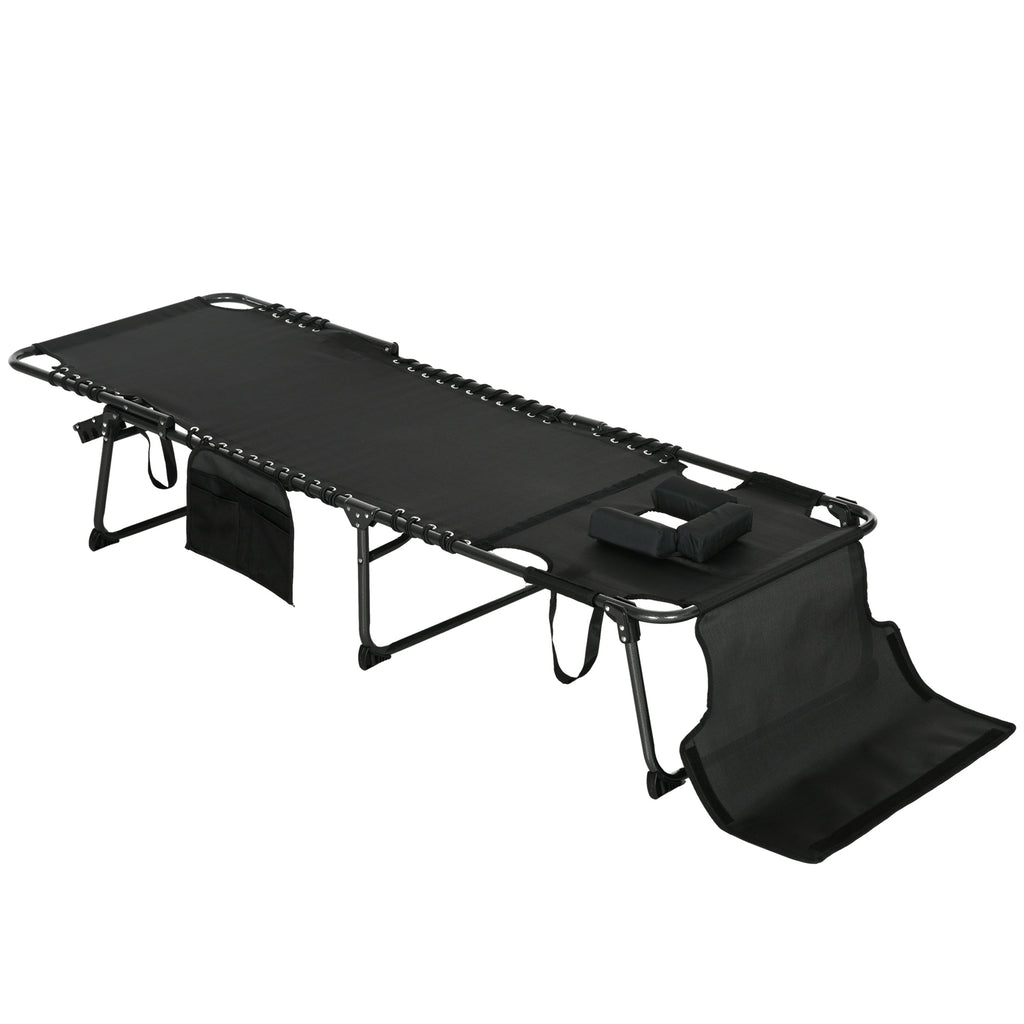Folding Chaise Tanning Lounge Chair w/ 5-level Reclining Back, Reading Hole, Side Pocket, Headrest, Black