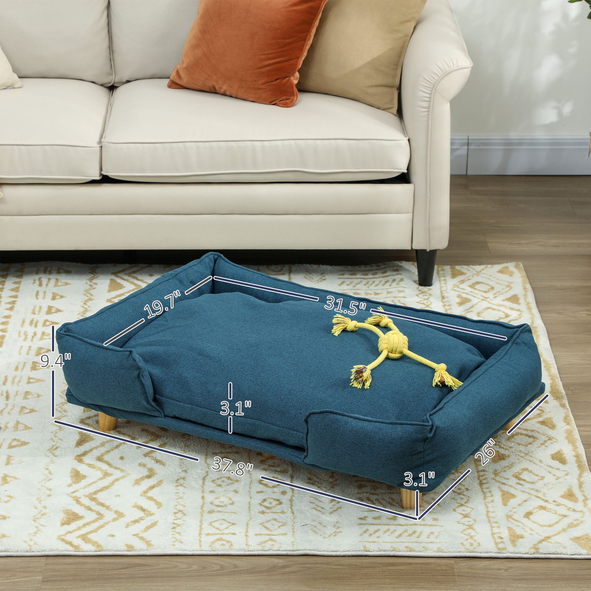Raised Dog Couch with Comfortable Cushion, Pine Wood Legs, Foot Pads for Large-Sized Dogs Indoor Use, Dark Blue