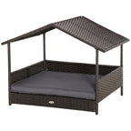 Wicker Dog House Outdoor with Canopy, Rattan Dog Bed with Water-resistant Cushion, Raised Pet Bed for Small, Medium Breeds up to 66 lbs, 20" in Length, Brown Wicker, Gray Cushion