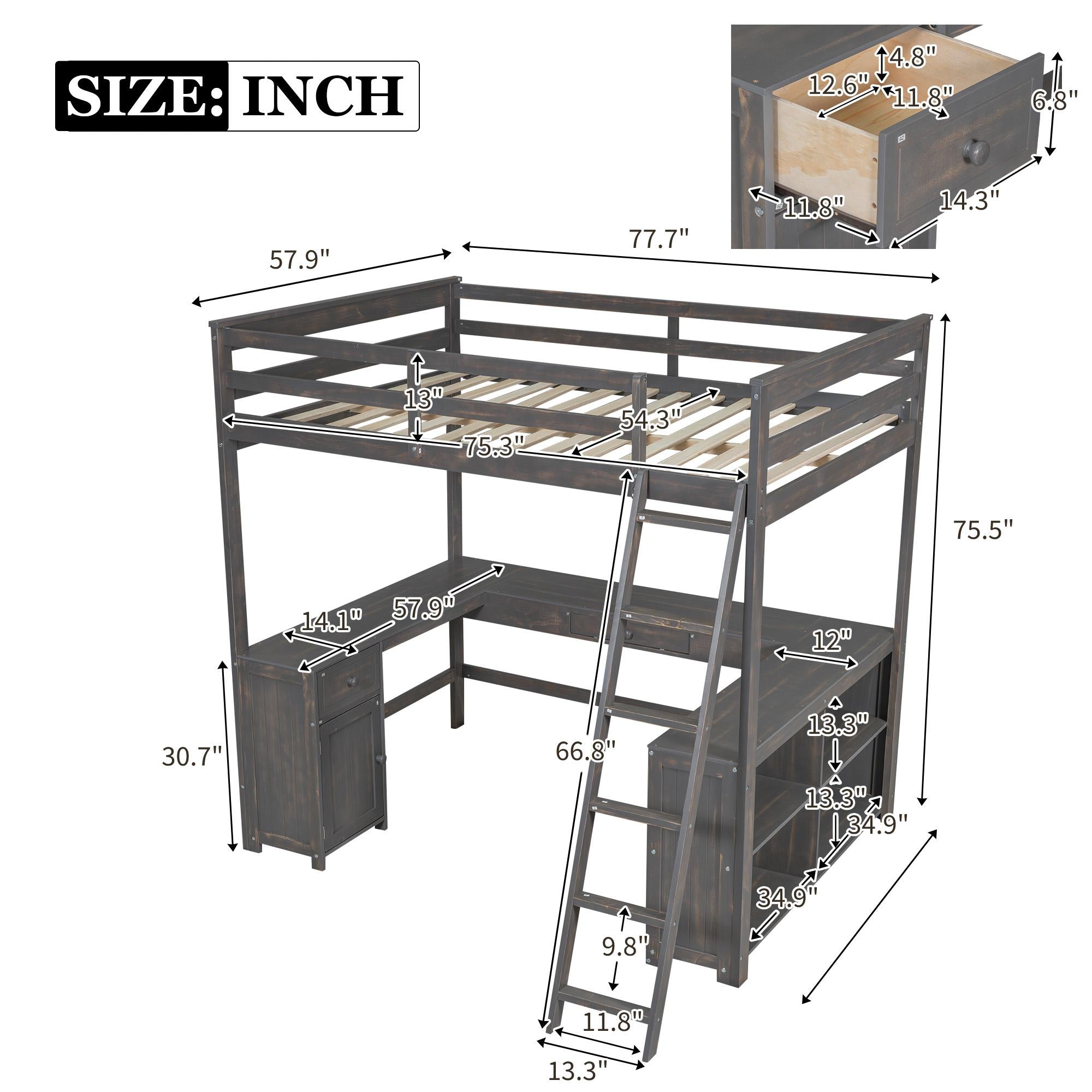 Full Size Loft Bed with U-shaped Desk, Drawers, Storage Shelves, and Sturdy Wood Frame, 77.5" L x 70" W x 75.5" H, Antique Brown