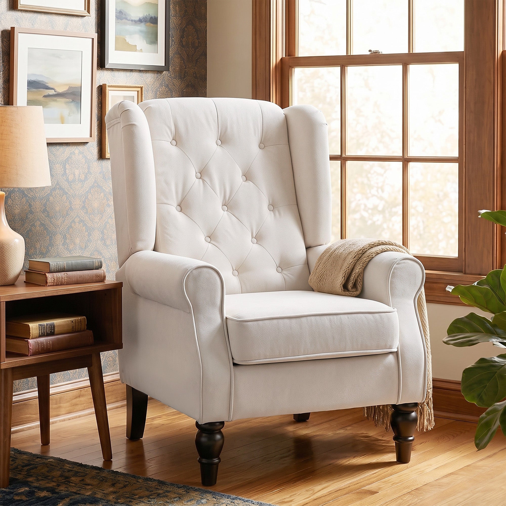 Button-Tufted Accent Chair with High Wingback, Rounded Cushioned Armrests and Thick Padded Seat, Cream White