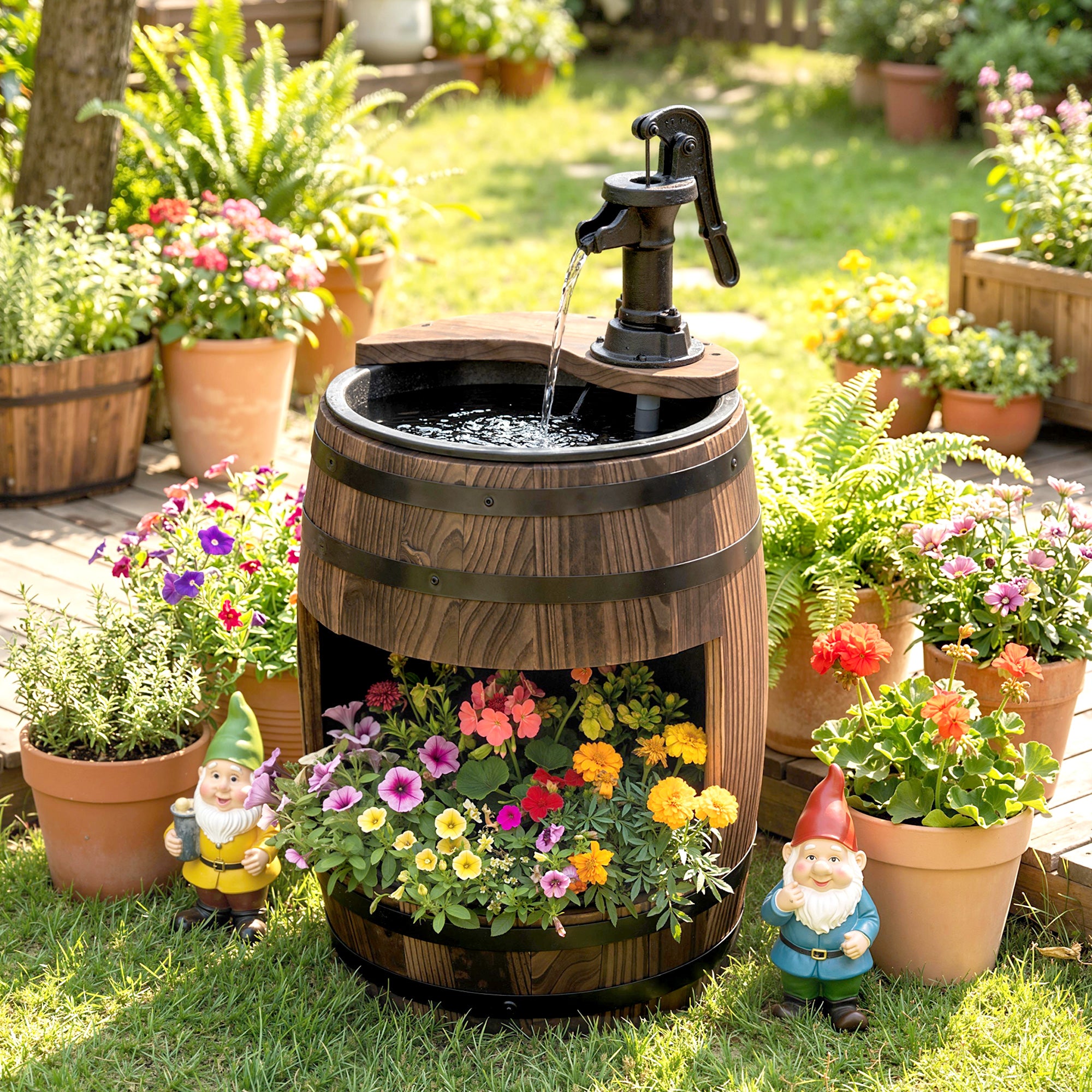 23" H Outdoor Water Fountain Wood and Plastic Rustic Apple Barrel Pump Garden Decor for Outside Backyard