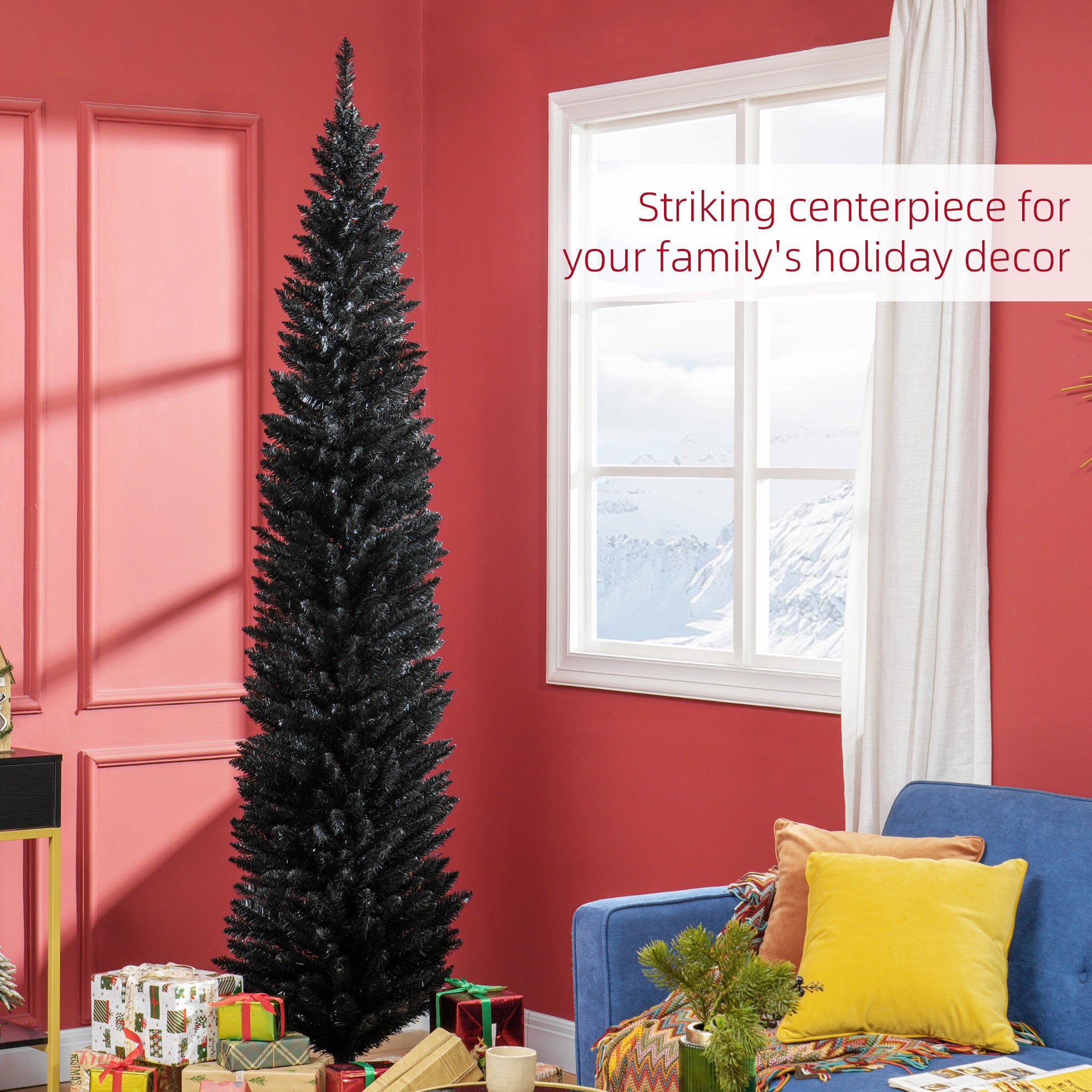 8ft Unlit Pencil Artificial Christmas Tree with Realistic Branches and 618 Tips, Plastic Base, Black