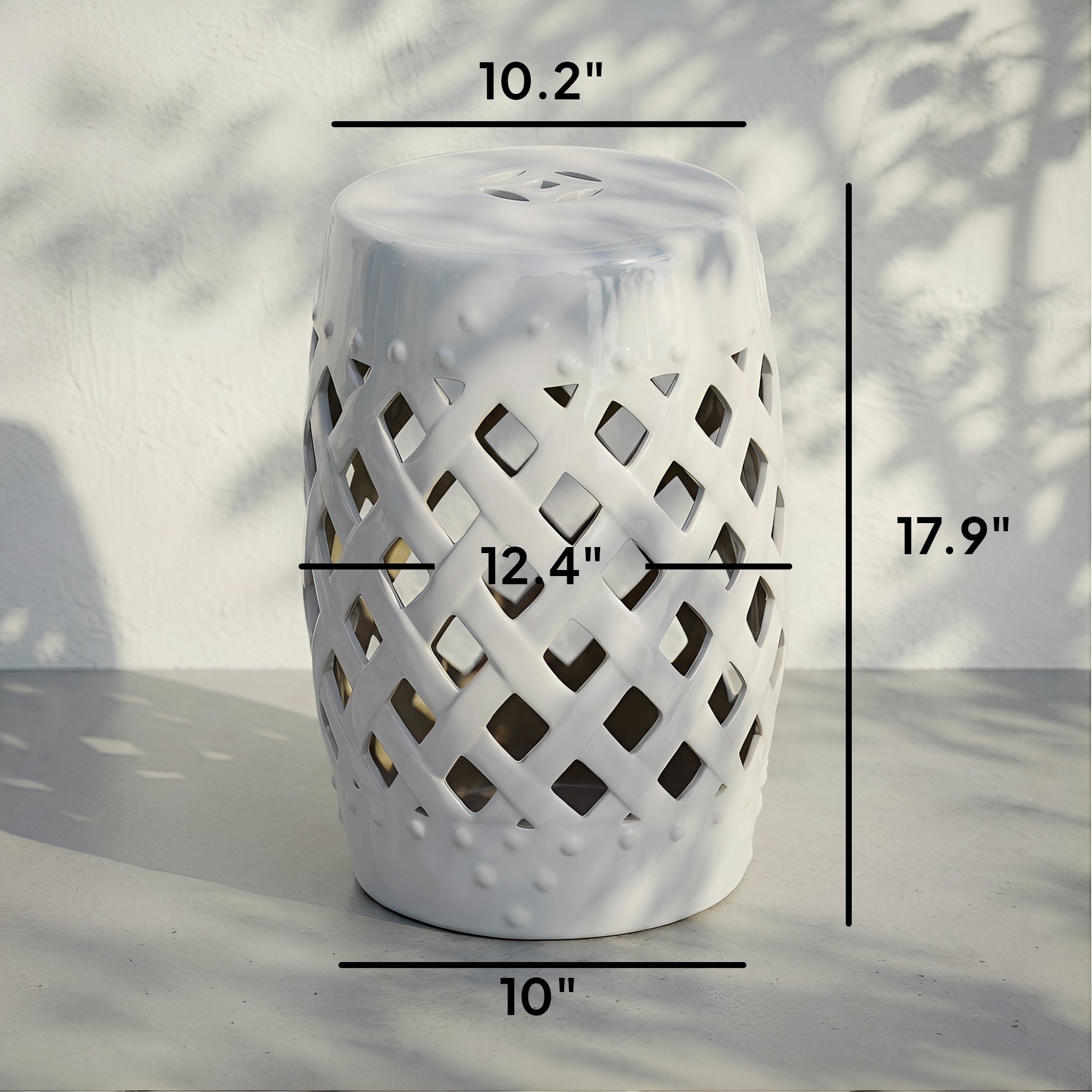 12.5" x 18" Ceramic Garden Stool with Woven Lattice Design & Glazed Strong Materials Decorative Outdoor Stool, White