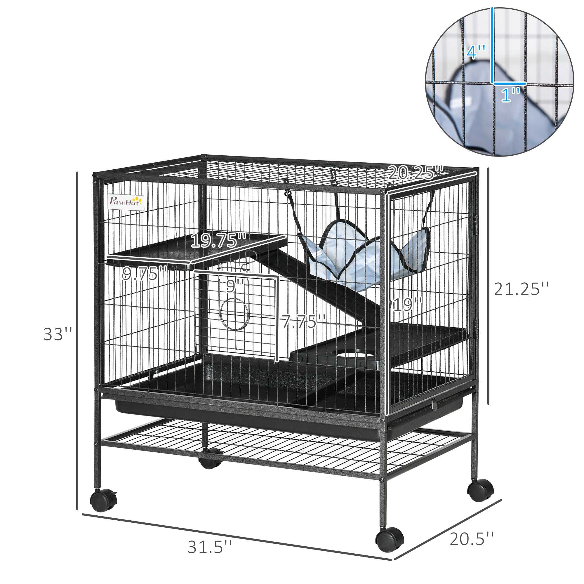 Small Animal Cage with Wheels, Pet Playpen for Rat, Syrian Hamster, Kitten, Ferrets, Chinchillas with Bottom Storage Shelf, Removable Tray, Ramp, 31.5" x 20.5" x 33.1"