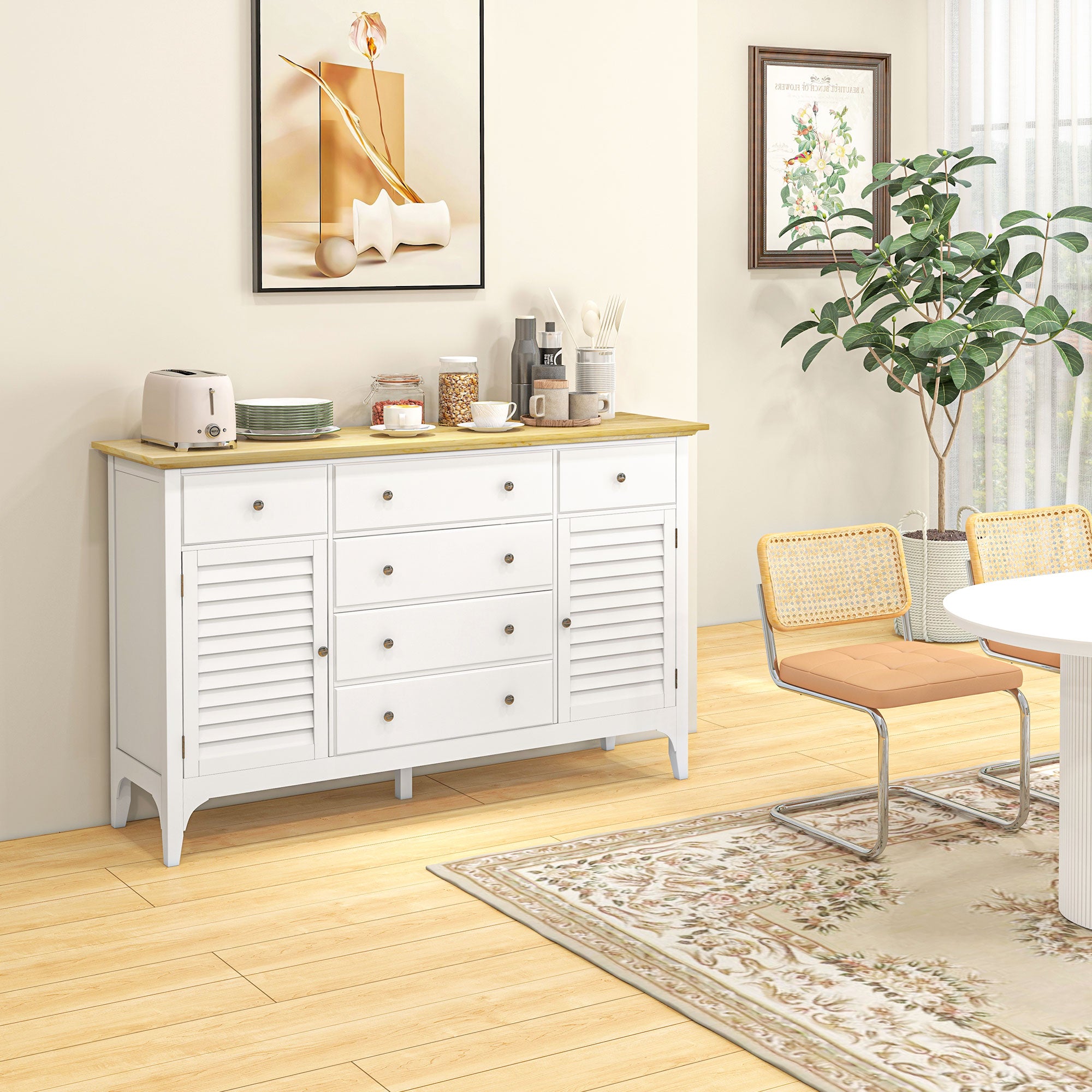 Sideboard Buffet Cabinet with Storage Drawers, Rubber Wood Top and Adjustable Shelves, Coffee Bar Cabinet, White