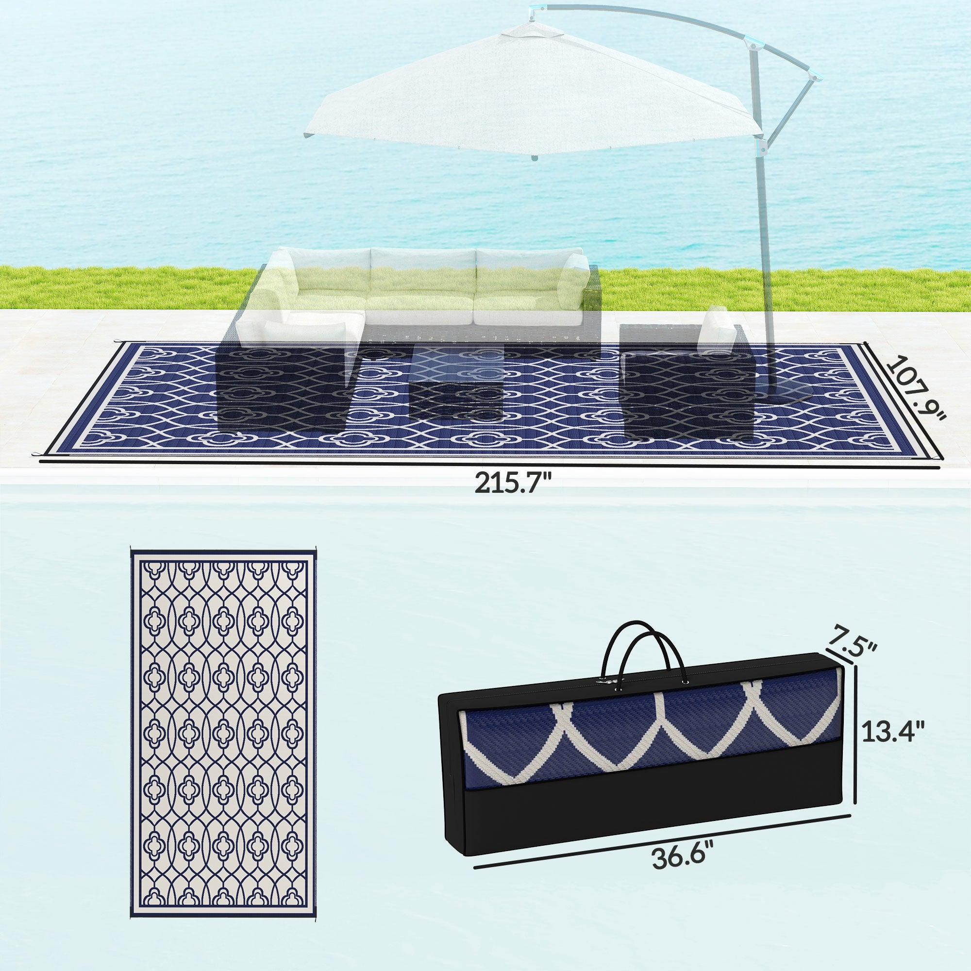 Reversible Outdoor Rug, Waterproof Plastic Straw with Carry Bag, 9' x 18', Blue & White Lantern
