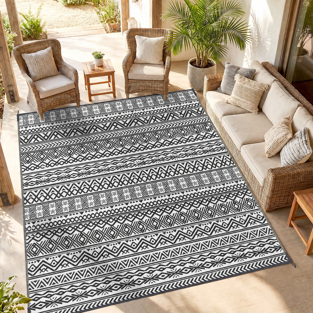 Reversible Outdoor Rug Carpet RV Camping Rugs with Carry Bag, 8' x 10', Gray & Cream White Boho
