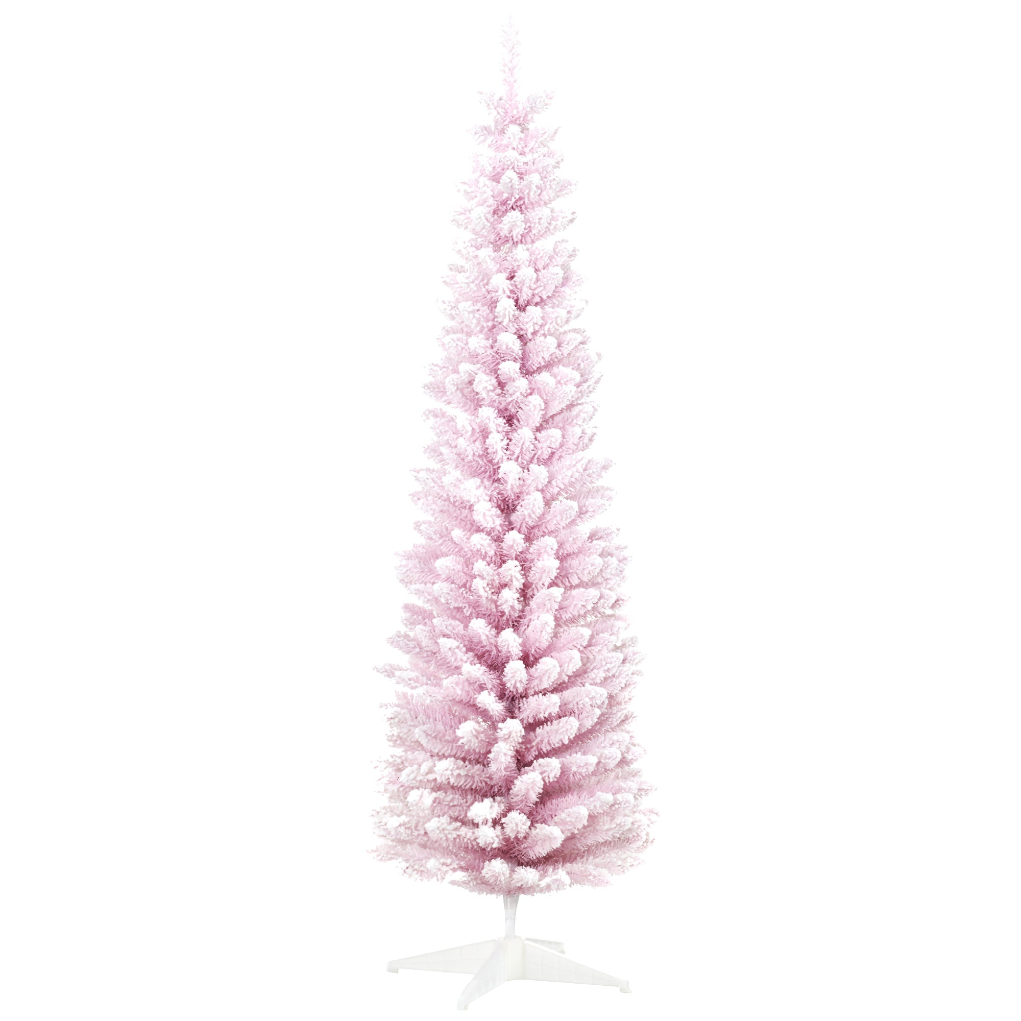 7' Decorated Christmas Tree Snow Flocked Artificial Christmas Tree with Pencil Shape, Realistic Branches, Pink