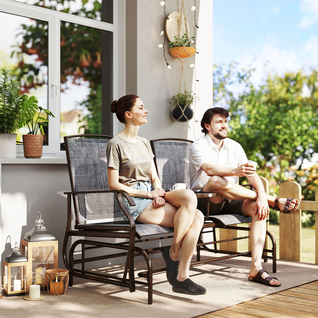 2-Seat Outdoor Glider Swing, Center Coffee Table and Independent Chairs, Supports Up to 352 lbs., Loveseat with Breathable Sling for Backyard, Garden, and Porch, Brown