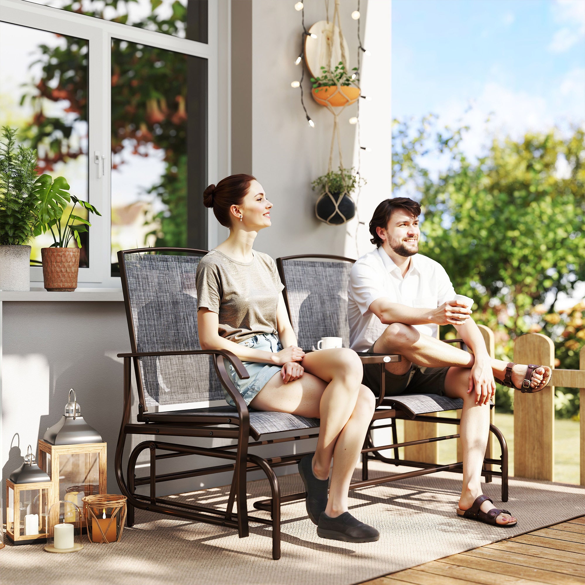 2-Seat Outdoor Glider Swing, Center Coffee Table and Independent Chairs, Supports Up to 352 lbs., Loveseat with Breathable Sling for Backyard, Garden, and Porch, Brown