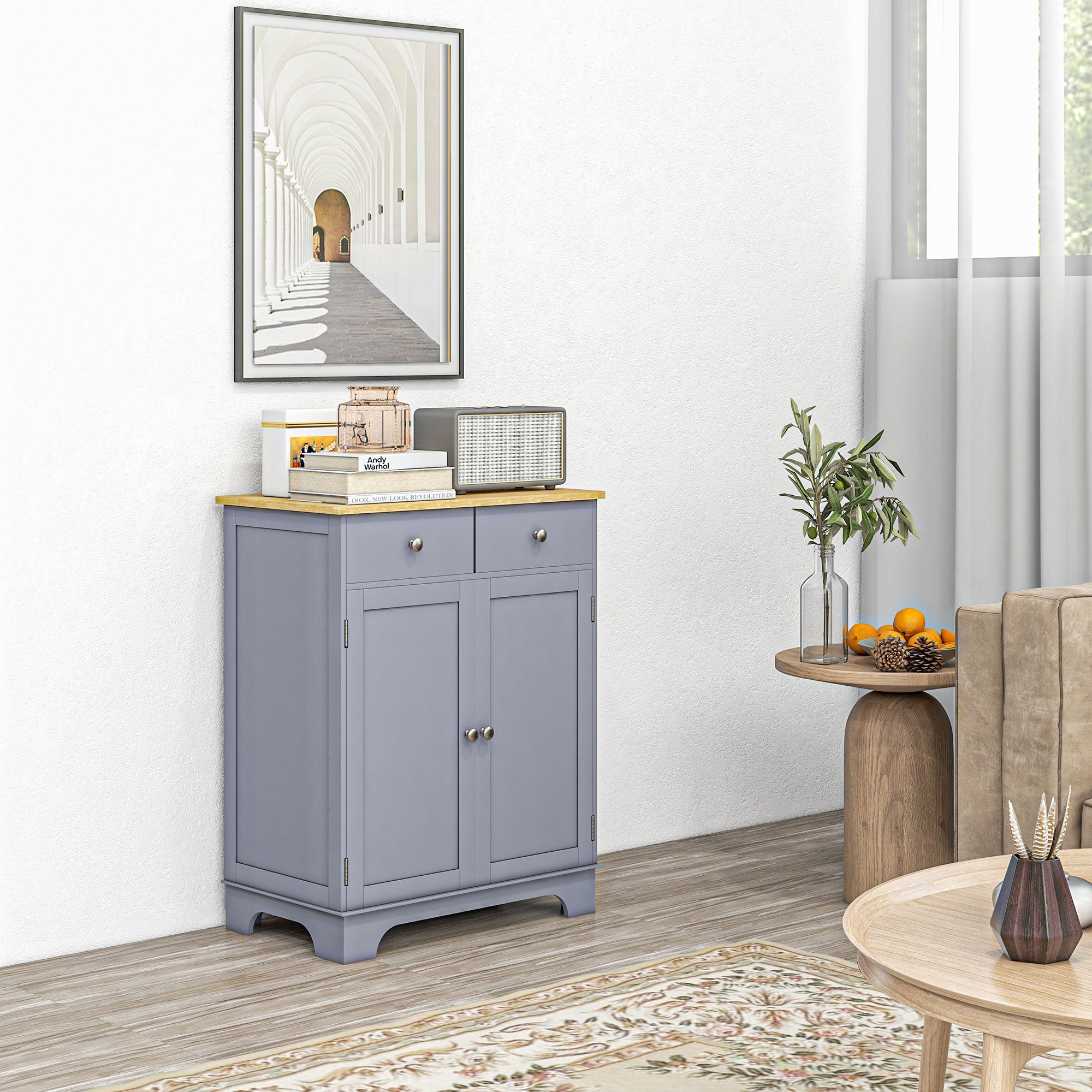 Kitchen Storage Cabinet, Sideboard Floor Cupboard with Solid Wood Top, Adjustable Shelf, and 2 Drawers, Gray