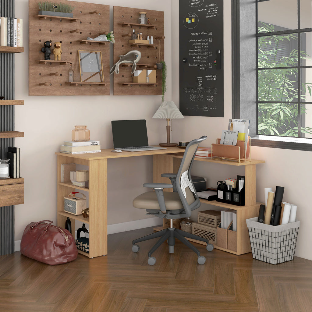L Shaped Corner Desk, 360 Degree Rotating Home Office Desk with Storage Shelves, Writing Table Workstation, Maple