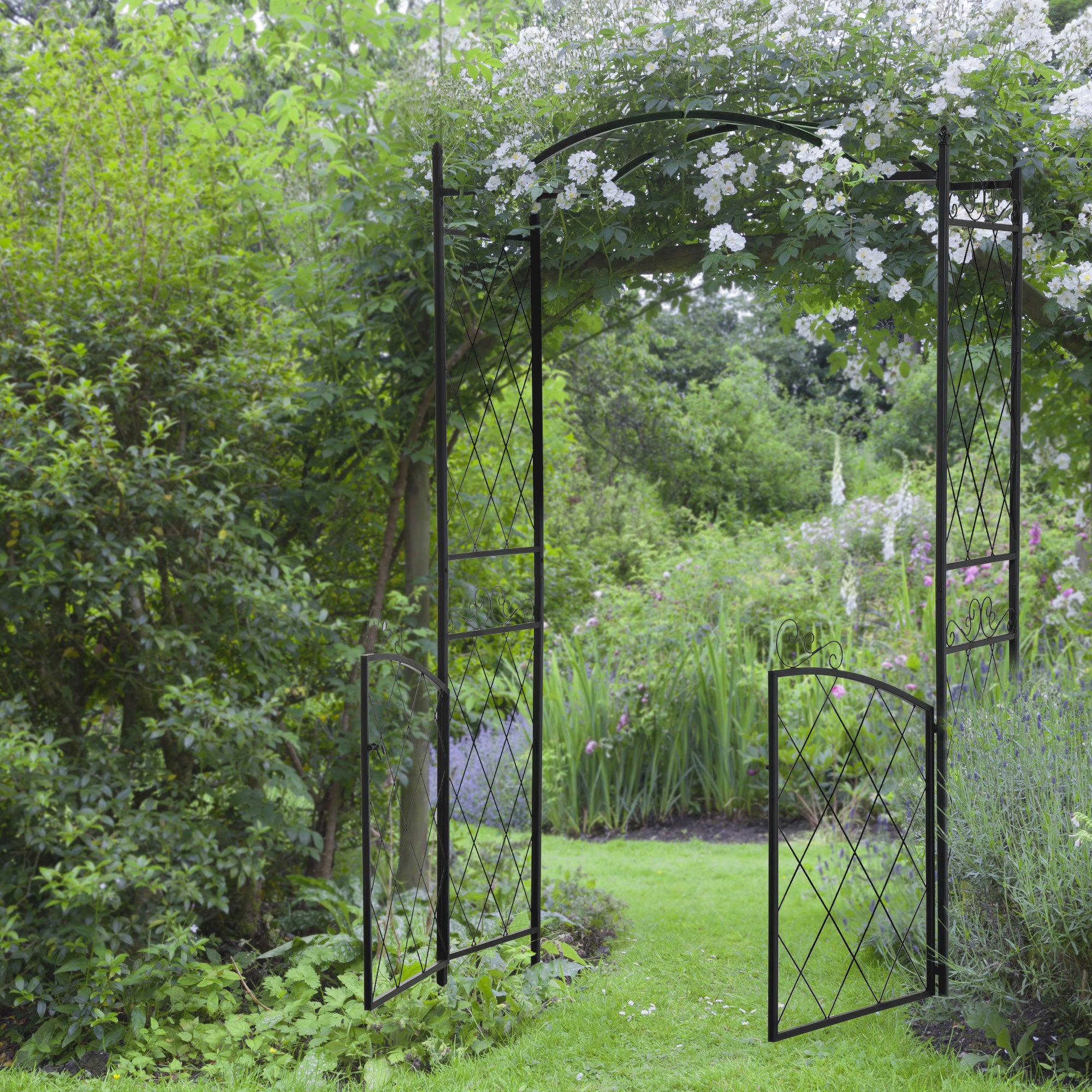 85" Garden Arch Arbor, Metal Arch Trellis with Gate, Garden Archway for Climbing Vines, Wedding Ceremony Decoration, Black