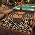 Outdoor Rug Carpet Reversible Plastic Straw Rug with LED Lights Black and White 12' x 9' for Patio