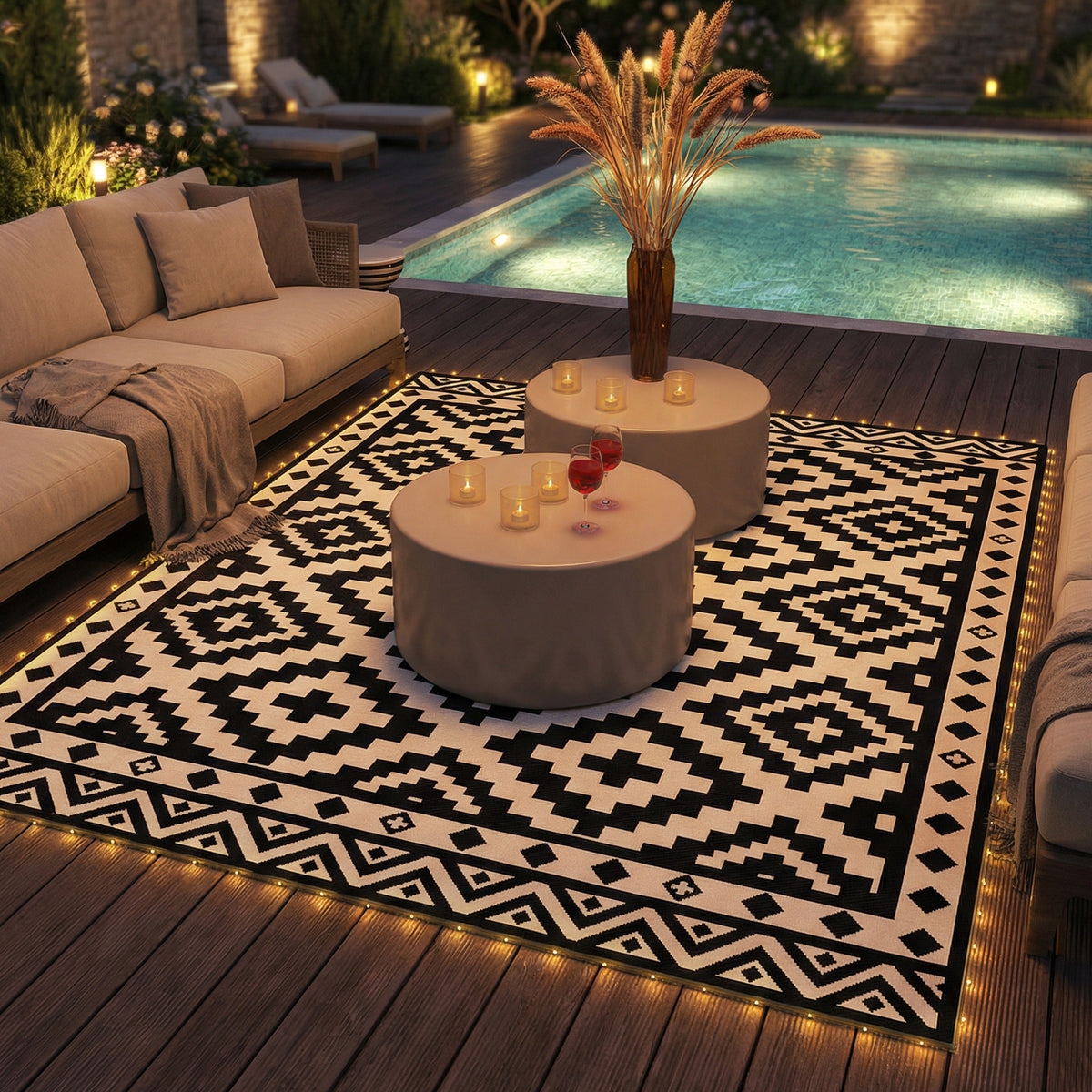 Outdoor Rug Carpet Reversible Plastic Straw Rug with LED Lights Black and White 12' x 9' for Patio