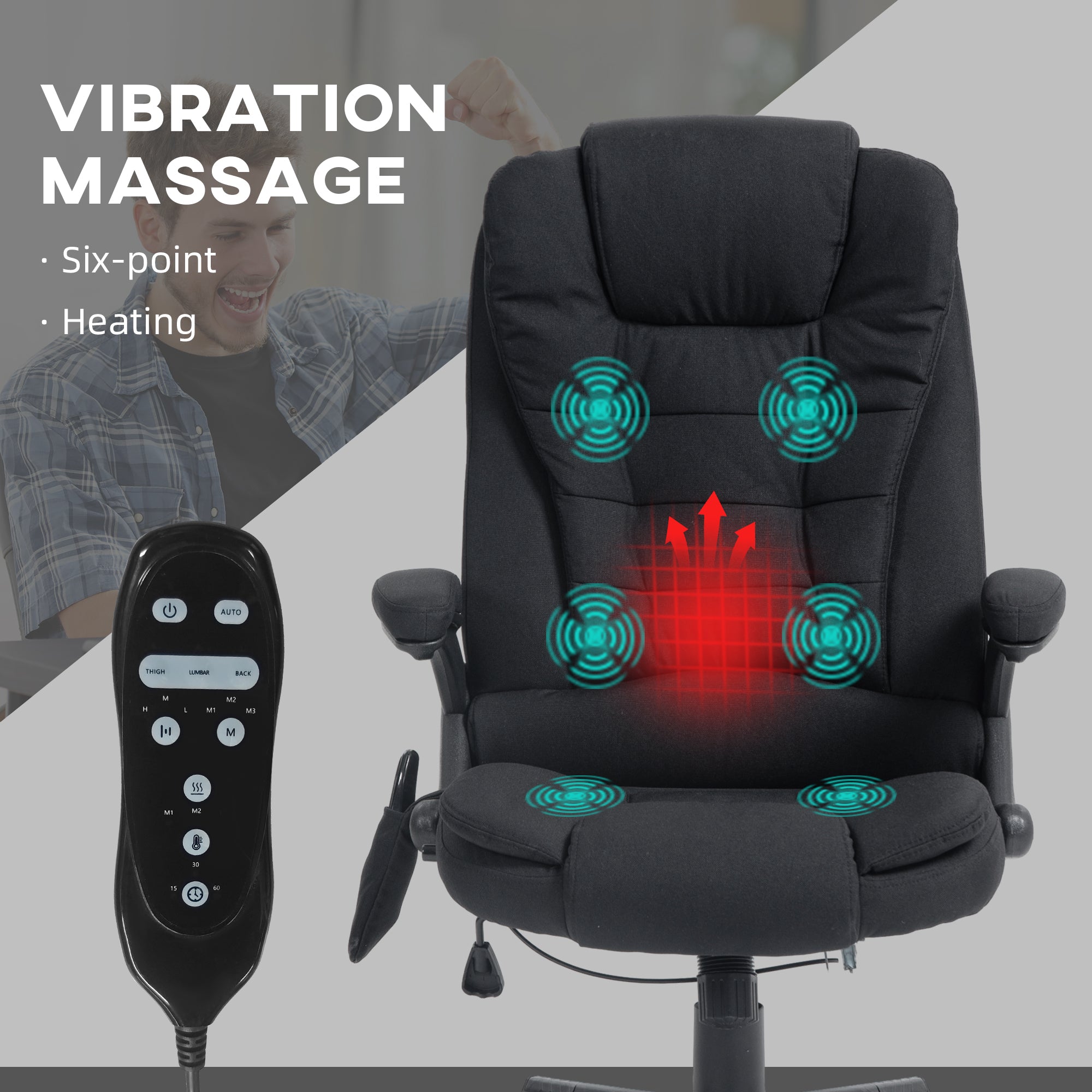 6 Point Vibrating Massage Office Chair with Heat, Linen High Back Massage Desk Chair with Reclining Backrest, Black