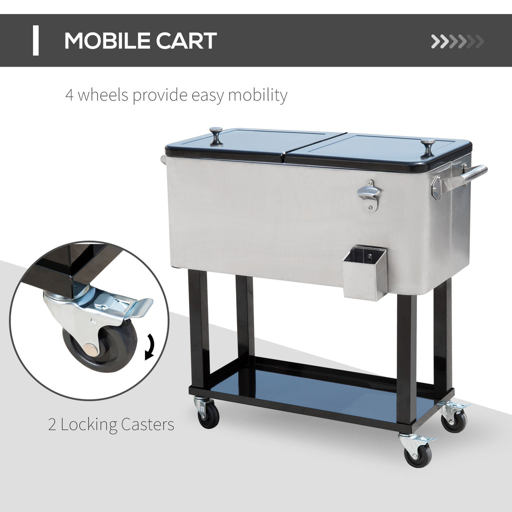 80 QT Rolling Cooling Bins Ice Chest on Wheels Outdoor Stand Up Drink Cooler Cart for Party, Silver