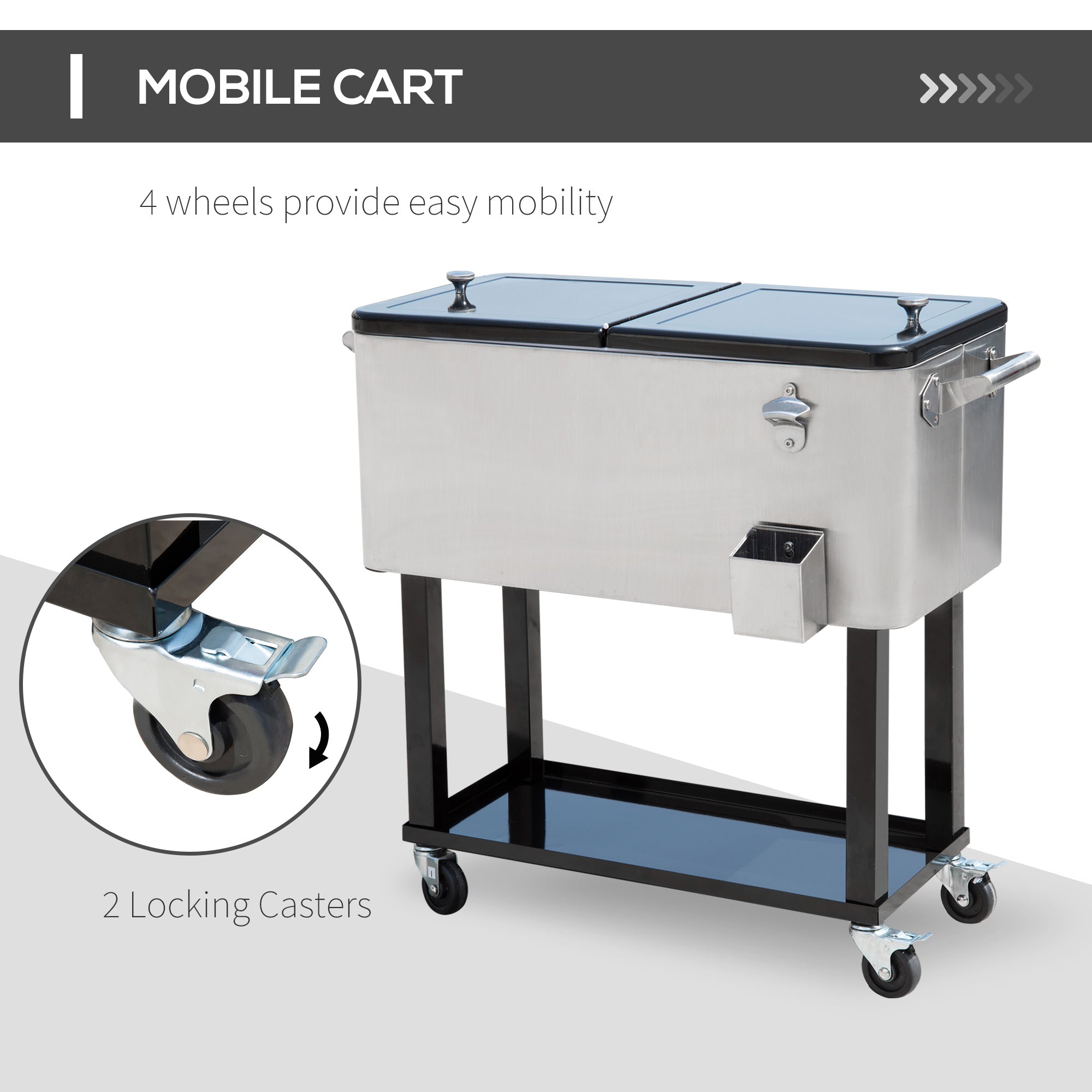 80 QT Rolling Cooling Bins Ice Chest on Wheels Outdoor Stand Up Drink Cooler Cart for Party, Silver