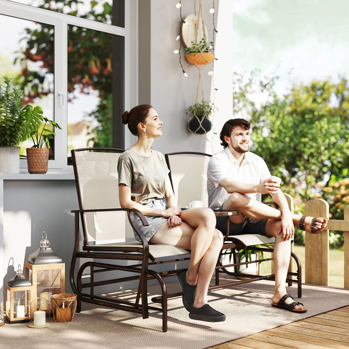 Outdoor Glider Bench with Center Table, Metal Frame Patio Loveseat with Breathable Mesh Fabric and Armrests for Backyard Garden Porch, Beige