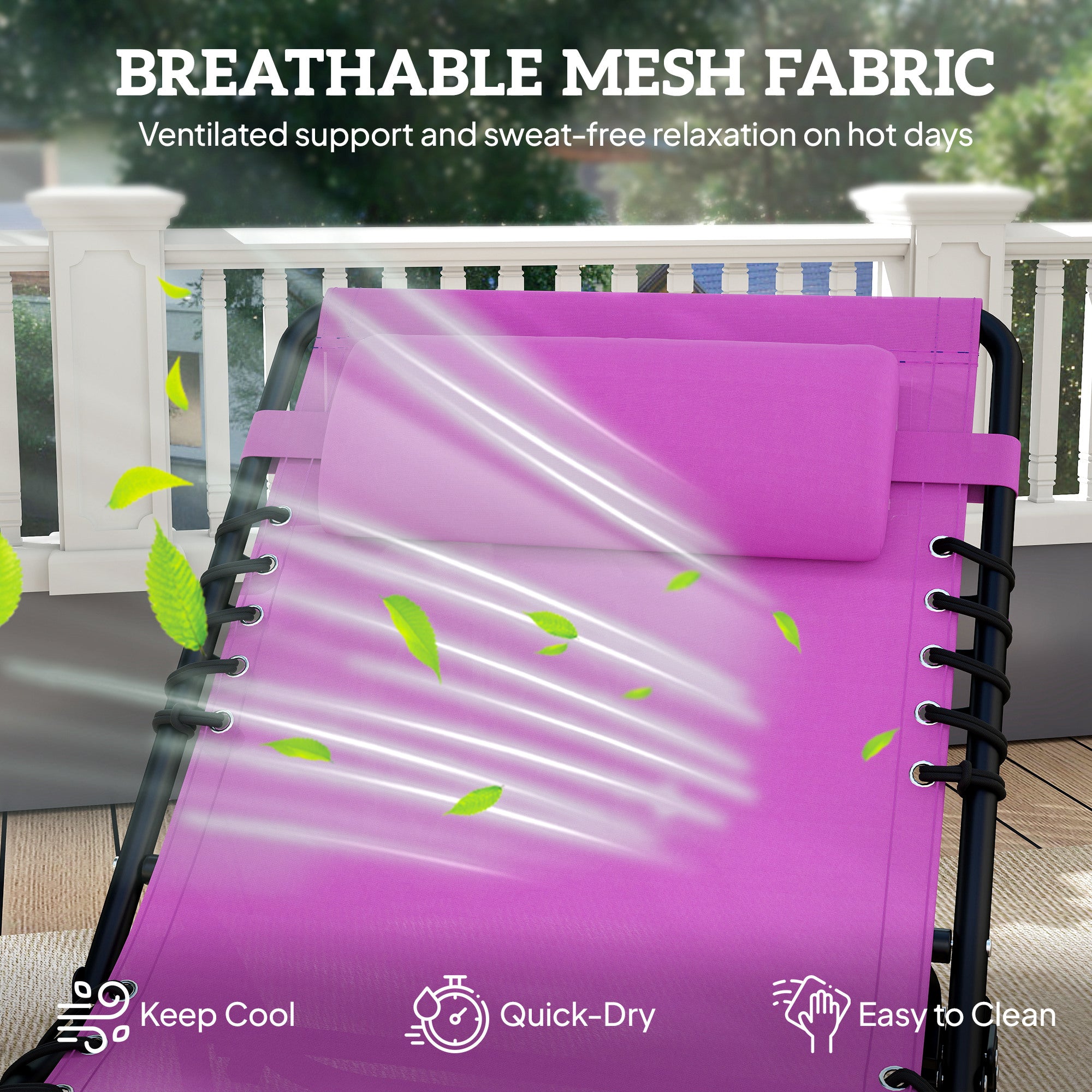 2 Folding Chaise Lounge Pool Chairs with 4-Position Reclining Back, Pillow, Breathable Mesh & Bungee Seat, Purple