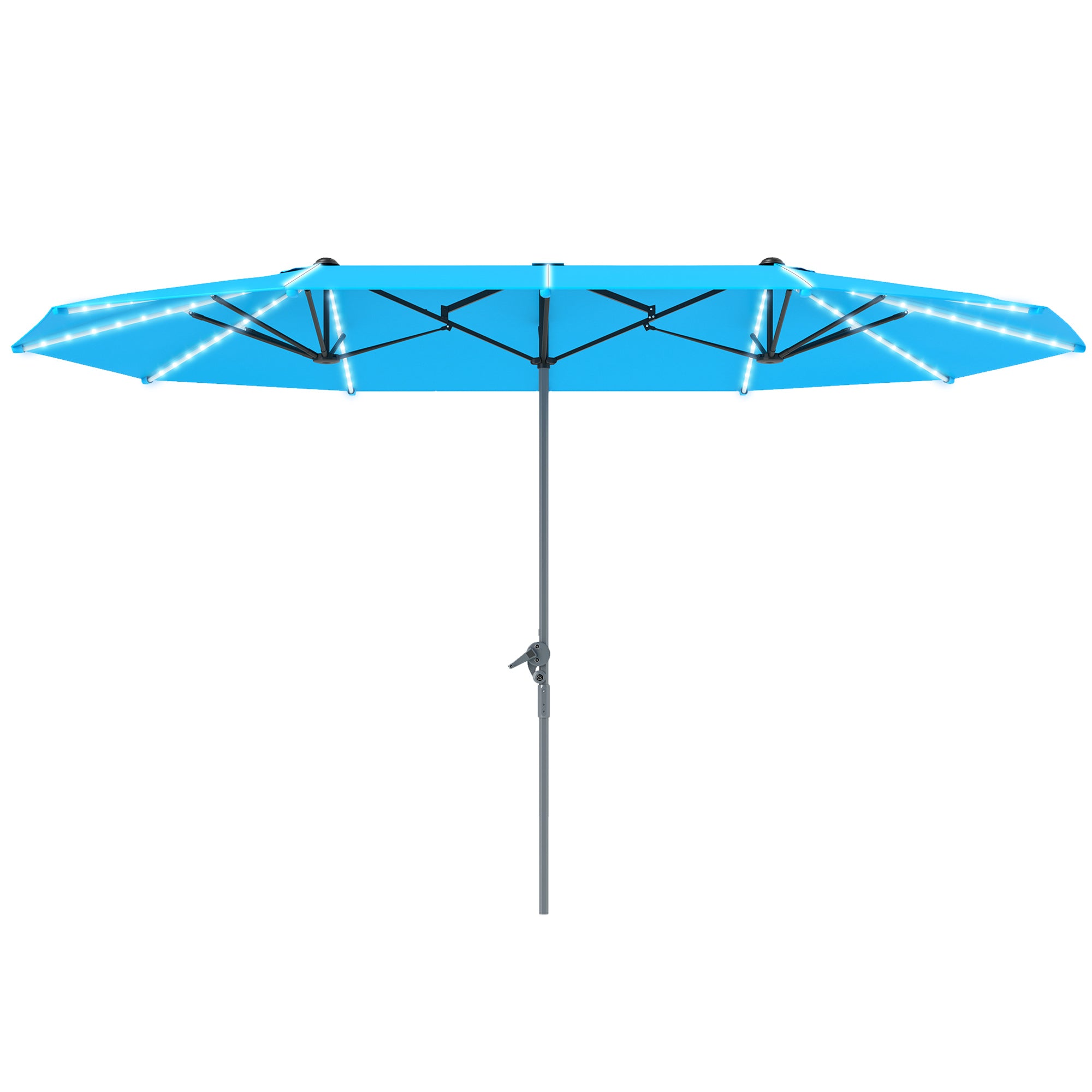 15ft Double-Sided Outdoor Umbrella with Solar Lights, UPF50+ Extra Large Aluminum Patio Umbrella with Crank, Blue