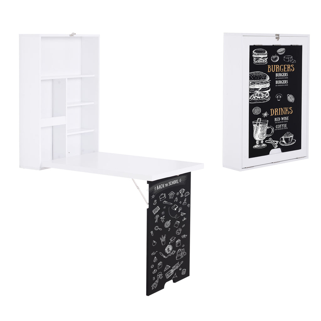 Wall Mounted Foldable Desk with a Blackboard, Fold Out Convertible Floating Desk with Shelves, White