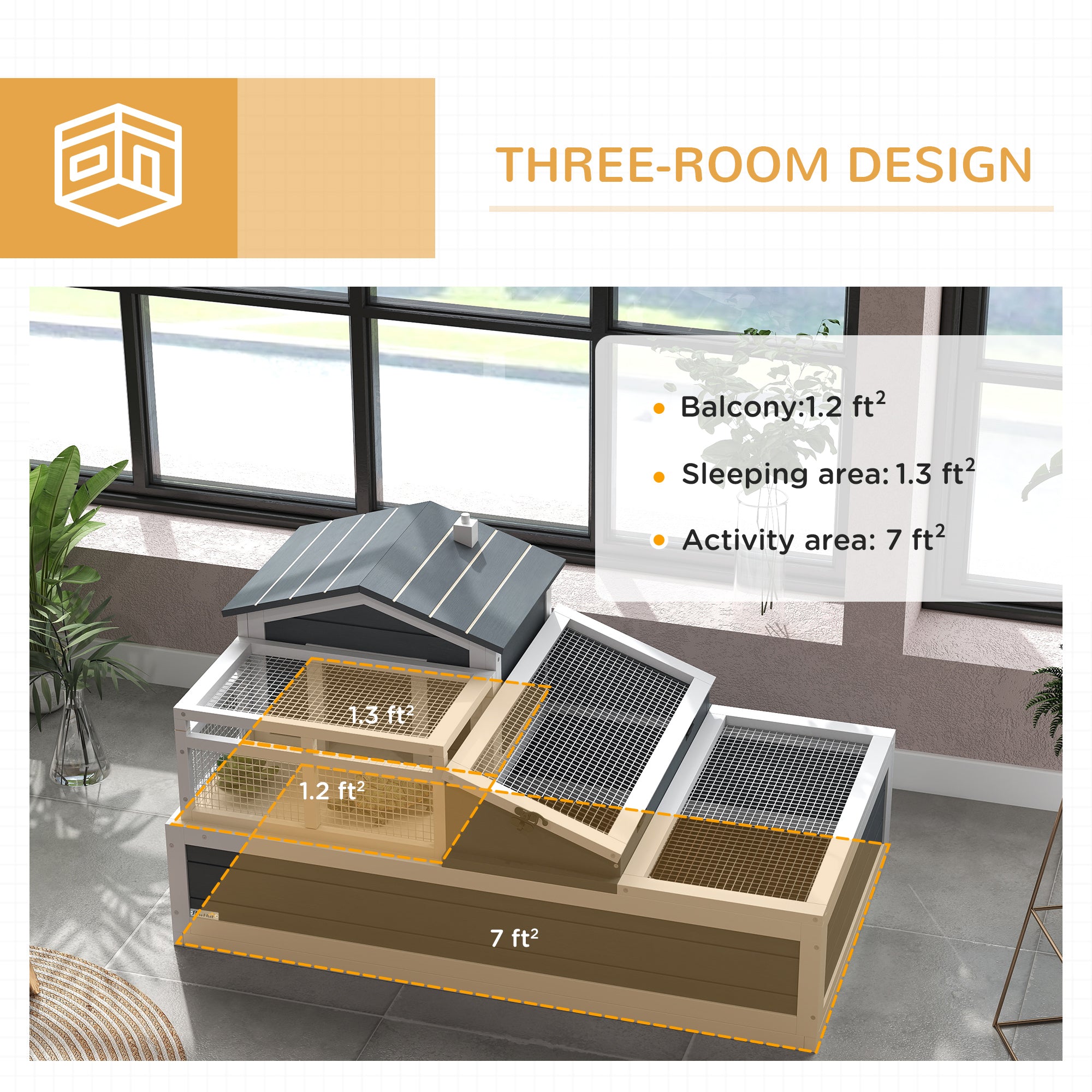 3-Room Tortoise Habitat House w/ Balcony & 2 Stories, 44" x 25.5" x 23", Gray