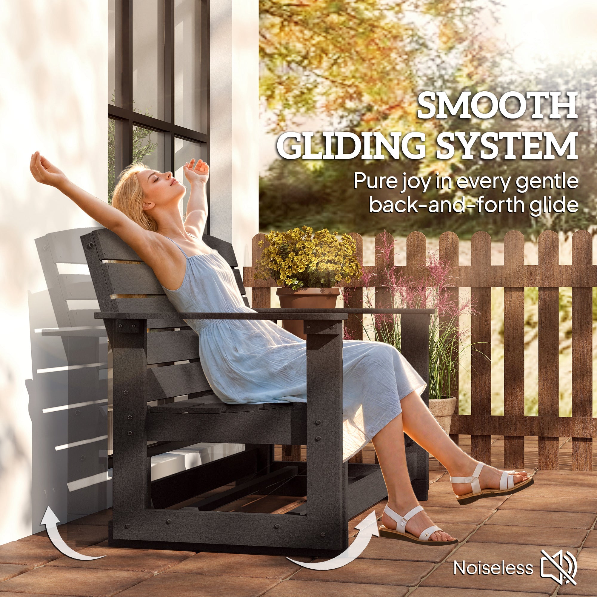 Patio Glider Bench w/ HDPE Slatted Double Rocking Chair, Black
