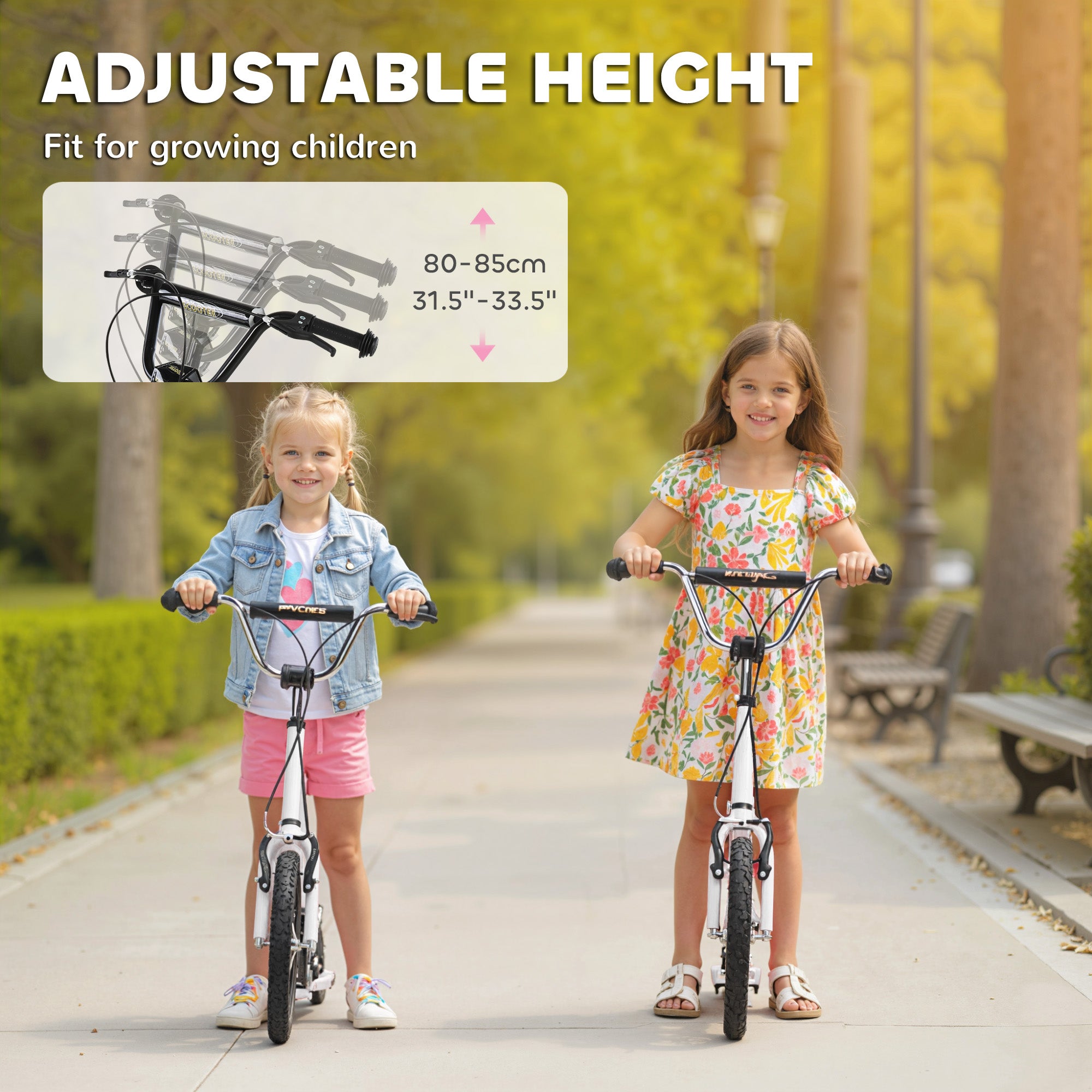 Youth Scooter Front and Rear Caliper Dual Brakes 12-Inch Inflatable Front Wheel Ride On Toy For Age 5+ - White