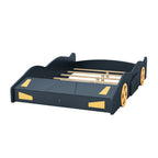 Full Size Race Car-Shaped Platform Bed with Wheels and Storage, Solid Wood and MDF, 90.5" L x 55" W x 15.5" H, Dark Blue