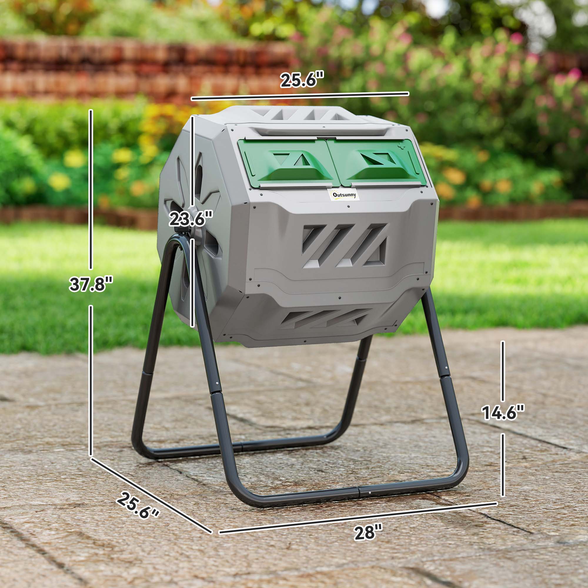 Tumbling Compost Bin Outdoor 360° Dual Chamber Rotating Composter 43 Gallon, Light Gray