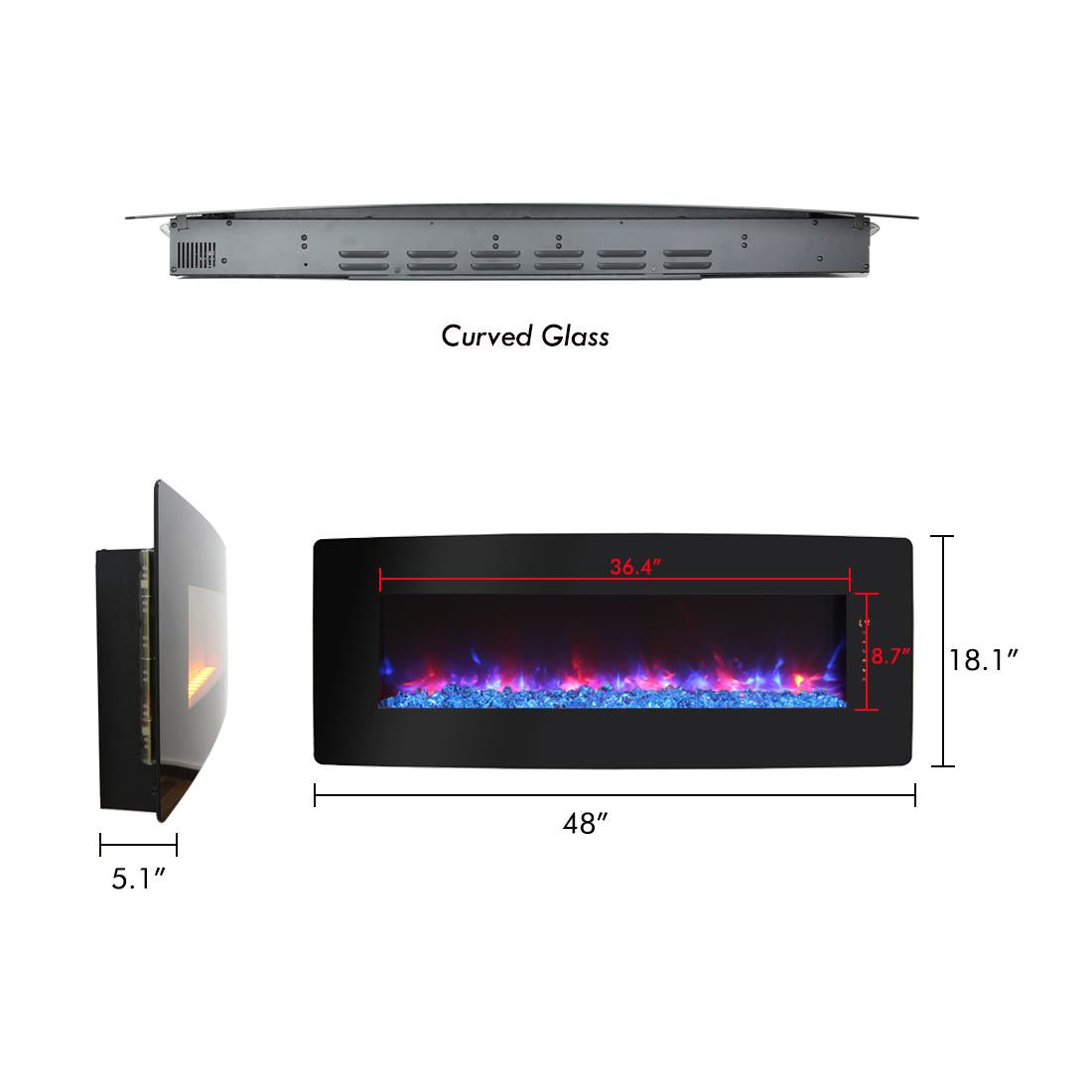 48" Remote Curved Wall Mounted Electric Fireplace with Multi-Color Flame, Ember Bed, and Adjustable Backlight, Antique Black
