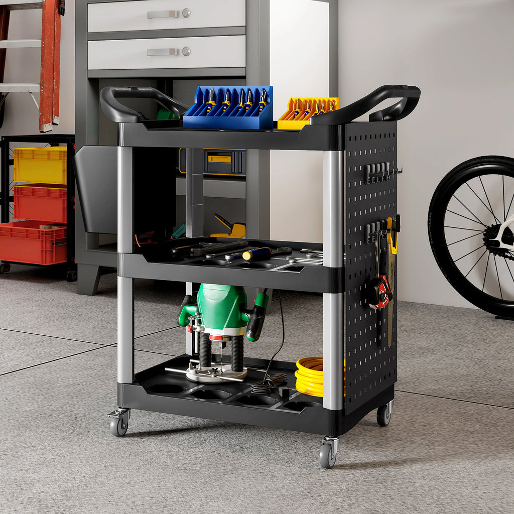 3-Tier Rolling Tool Cart, 200 LBS Capacity Plastic Utility Cart with Side Shelf and Bucket, Black and Light Gray