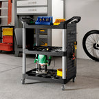 3-Tier Rolling Tool Cart, 200 LBS Capacity Plastic Utility Cart with Side Shelf and Bucket, Black and Light Gray
