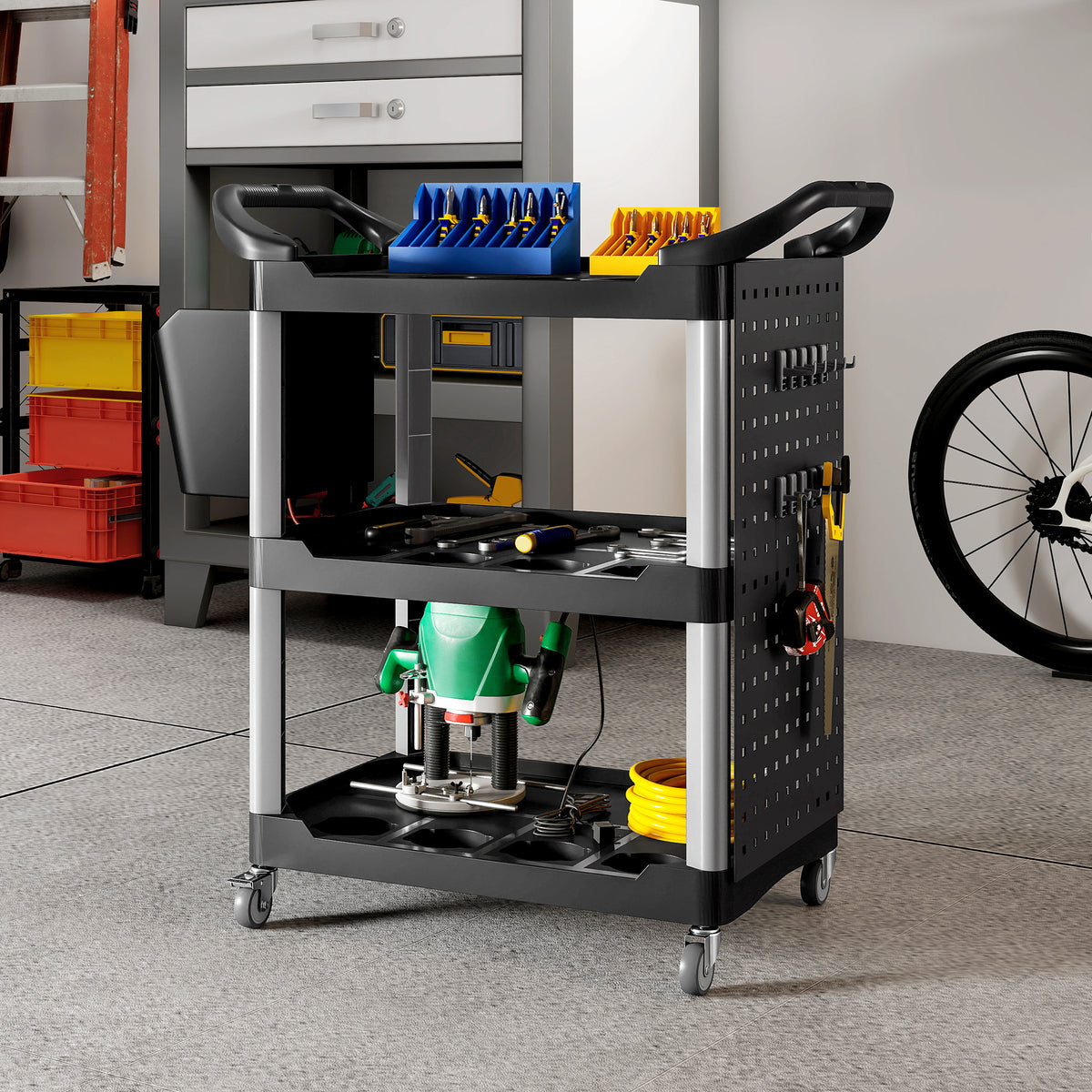 3-Tier Rolling Tool Cart, 200 LBS Capacity Plastic Utility Cart with Side Shelf and Bucket, Black and Light Gray